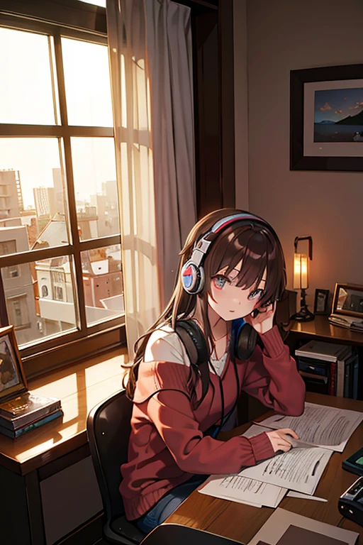 Study in the room, Cozy study desk, Large windows overlooking room with night view, (Gaze at the scenery), Floral notes，brown hair，girl with headphones,