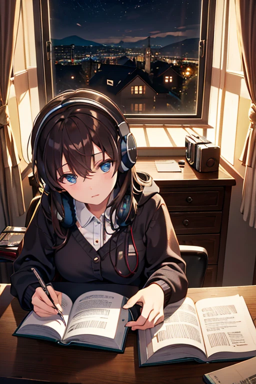Study in the room, Cozy study desk, Large windows overlooking room with night view, (Gaze at the scenery), Floral notes，brown hair，girl with headphones,