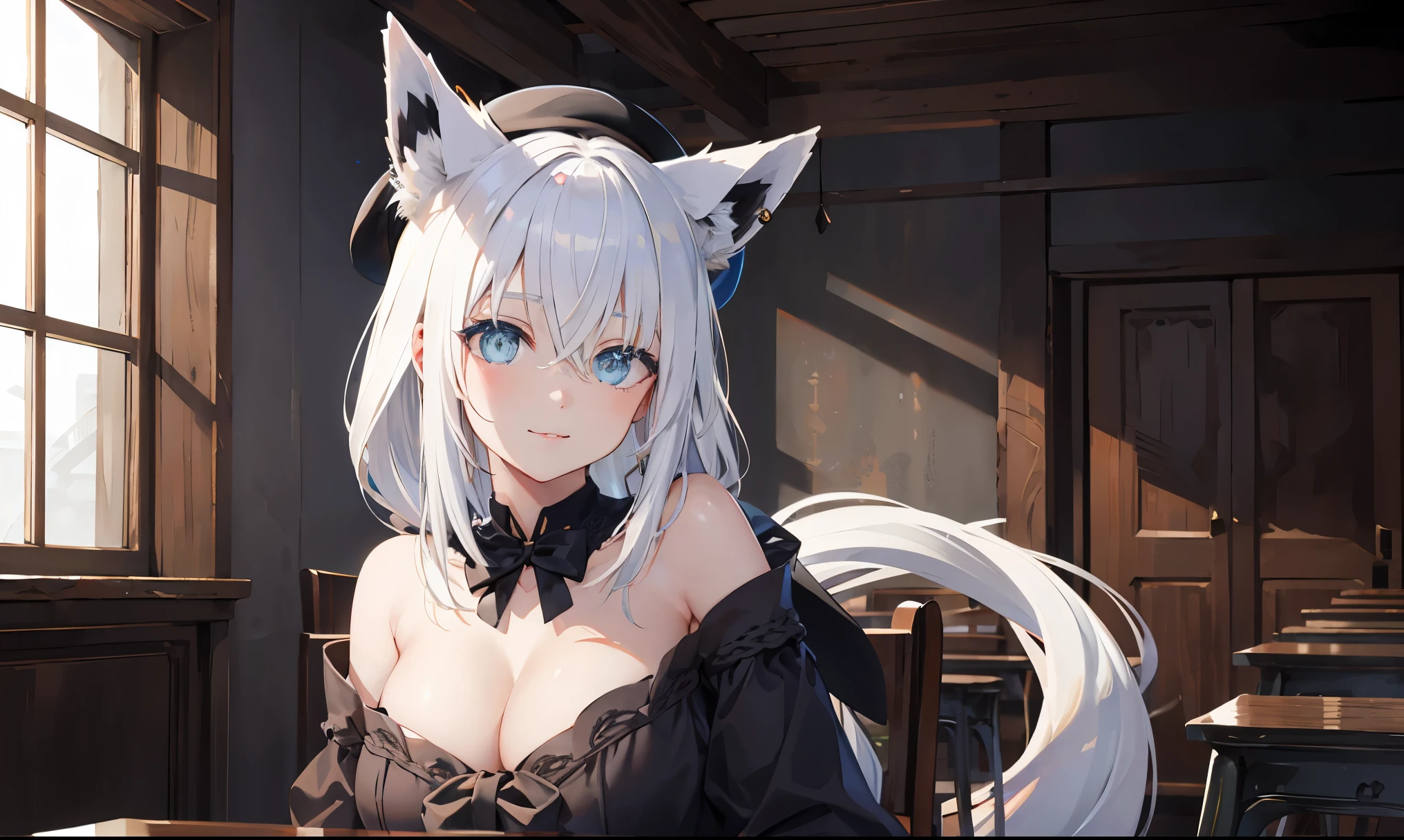 ccfbk, long hair, ahoge, animal ears, (beret:1.2), black headwear, fox tail,
BREAK ((AKATSUKI OUTFIT:1.1), (cleavage:1.5),(Off-the-shoulder attire:1.5):1.2)
BREAK cowboy shot, light smile, arm behind back,
BREAK class room,
BREAK (masterpiece:1.2), best quality, high resolution, unity 8k wallpaper, (illustration:0.8), (beautiful detailed eyes:1.6), extremely detailed face, perfect lighting, extremely detailed CG, (perfect hands, perfect anatomy),