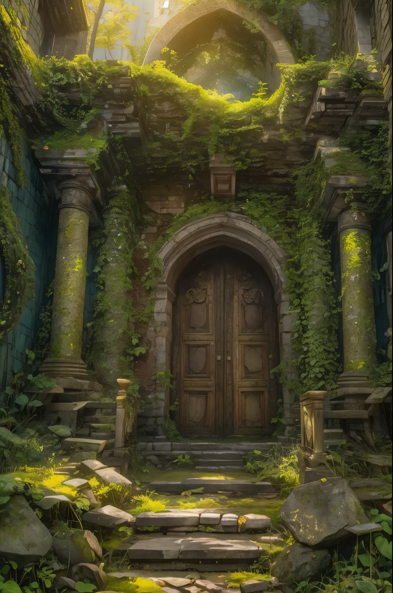 Masterpiece, best quality, 8k, panoramic view, Ruined palace of the gnomes, great hall, covered in ivy, ruined walls, mossy stones, magical whispers, unearthly beauty, ancient secrets, hidden treasures, mystical aura, golden sunlight flowing, first door.