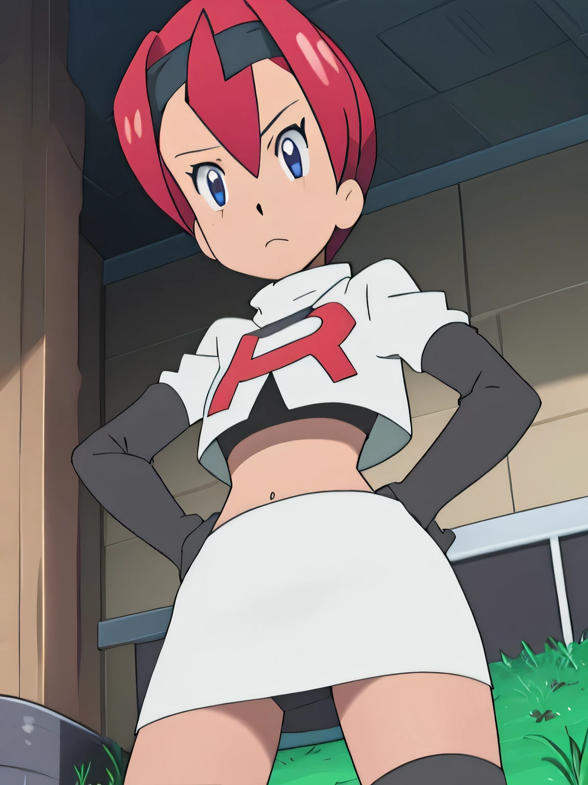 8k, masterpiece,highres, view of the valley, with grass, team rocket uniform, red letter r, white skirt,white crop top,black thigh-high boots, black elbow gloves, glaring angrily, looking down at viewer, hands on hips, spread legs, from below, black panties,,anime style, vivid colors, sharp focus, intense lighting,emily,trails of cold steel