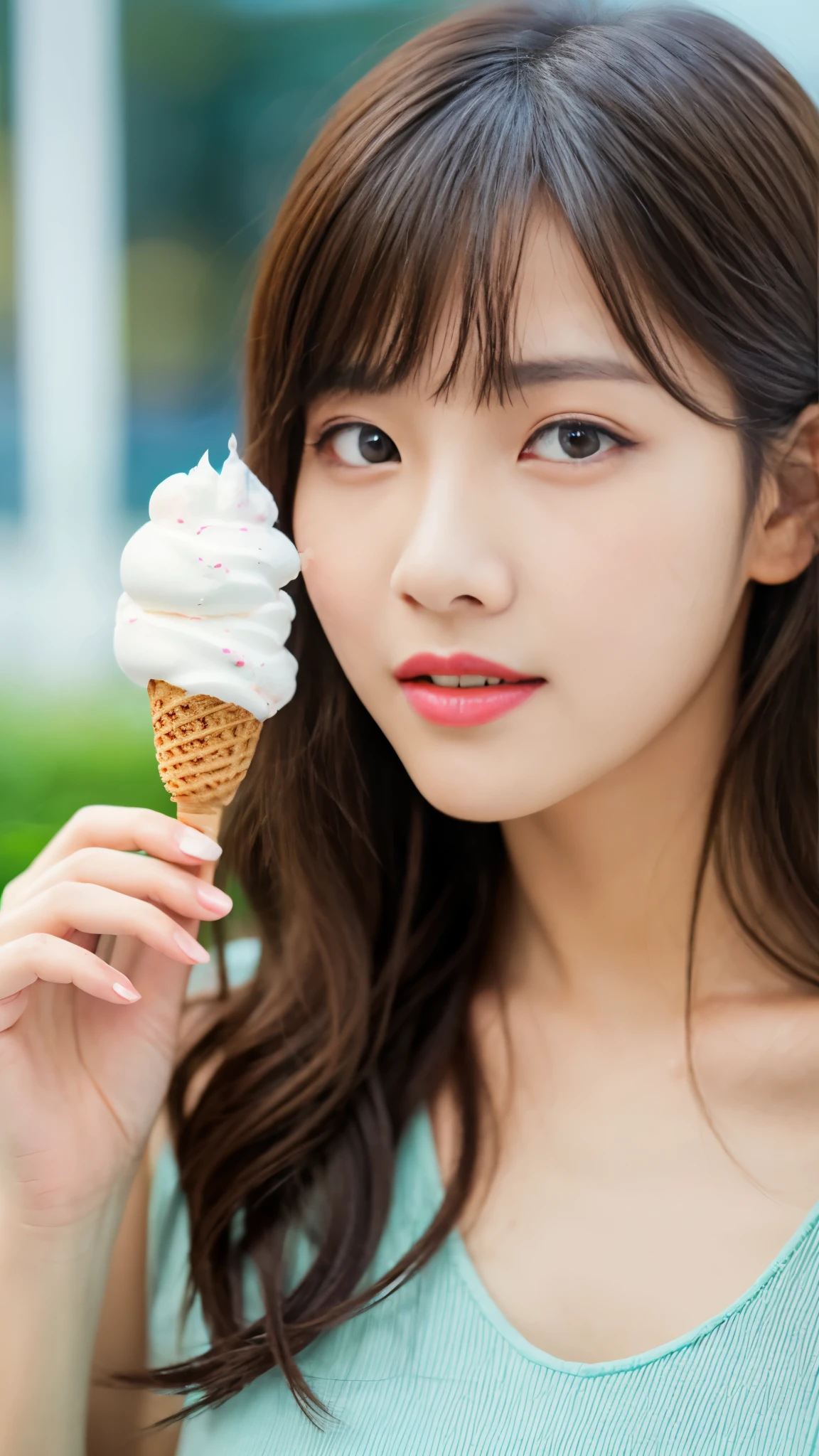 best quality, masterpiece, ultra high res, 8K, raw, (photo realistic:1.4), sharp focus, 1 girl, (detailed background:1.5), full body, day time, detailed clothes, purple, holding, food, tongue, eating, licking, ice cream, ice cream cone,