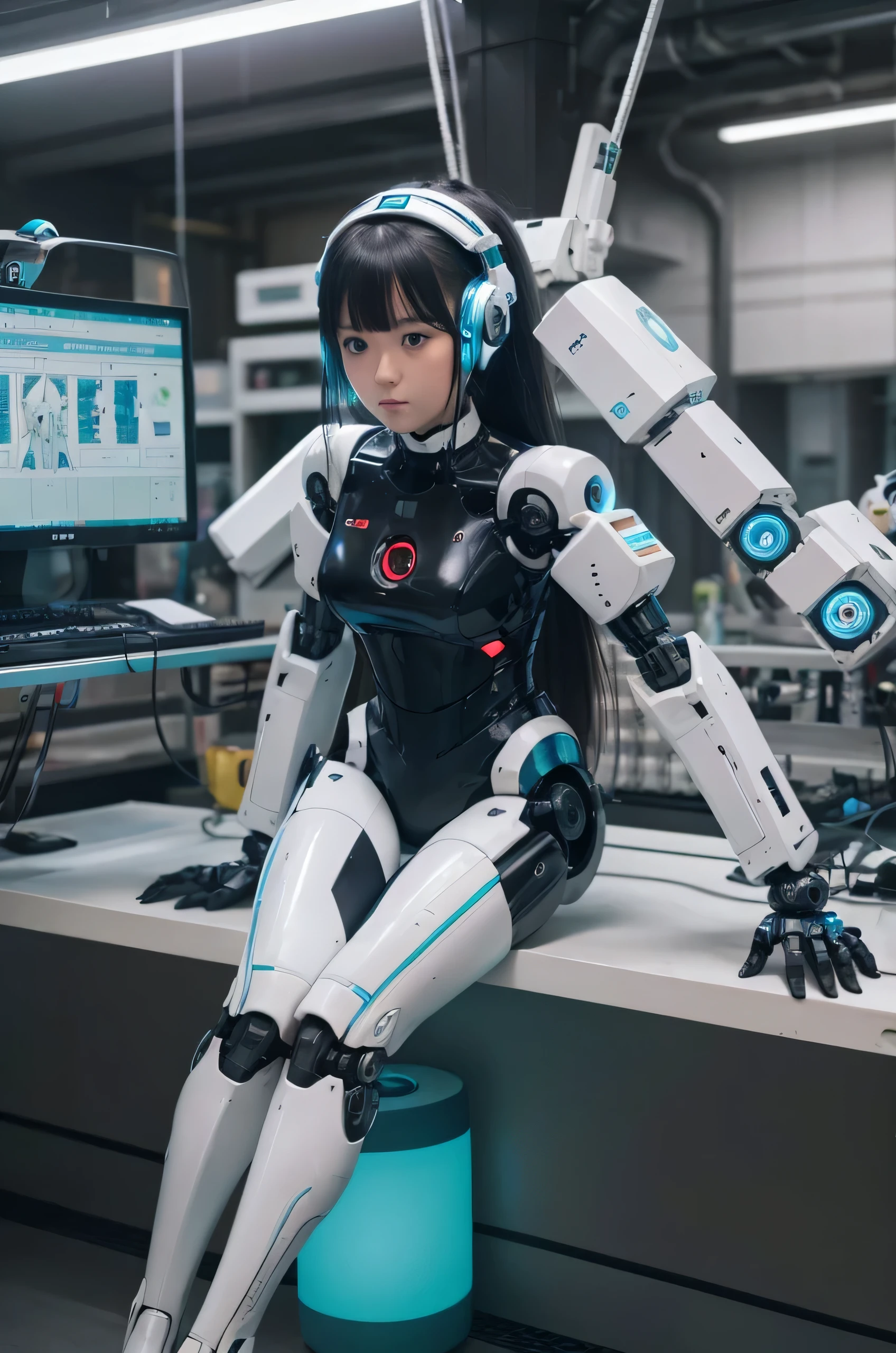 masterpiece, Best Quality, Extremely detailed, 8K Portrait,Japanese android girl,Plump,control panels,android,Droid,Mechanical Hand, ,Robot arms and legs, Black hair,Mechanical body,Blunt bangs,Charging spot,mechanical ear covers,android,robot humanoid,White robot body,mechanical ear covers,White and aqua uniform,aqua accent costume,mittens,blue eyes