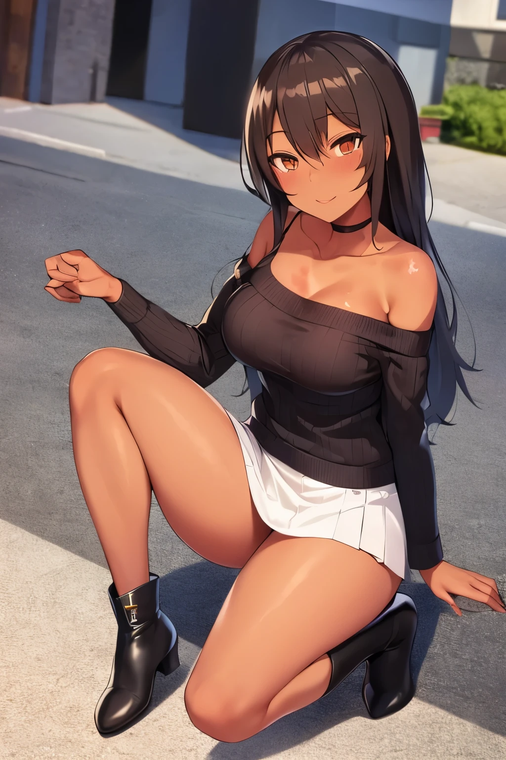 2D，highest quality，(masterpiece)，(full body)，Shameimaru text，amber hair，medium long hair，(Brown Lady)，(healthy dark skin)，(Sunburn mark)，clavicle，（private server），(Pink off-shoulder knitwear)，mini skirt，JK，Shiny bare legs，knee high boots，beautiful brown eyes，attractive thighs，big breasts，residential street，light shines，erotic look，bold pose