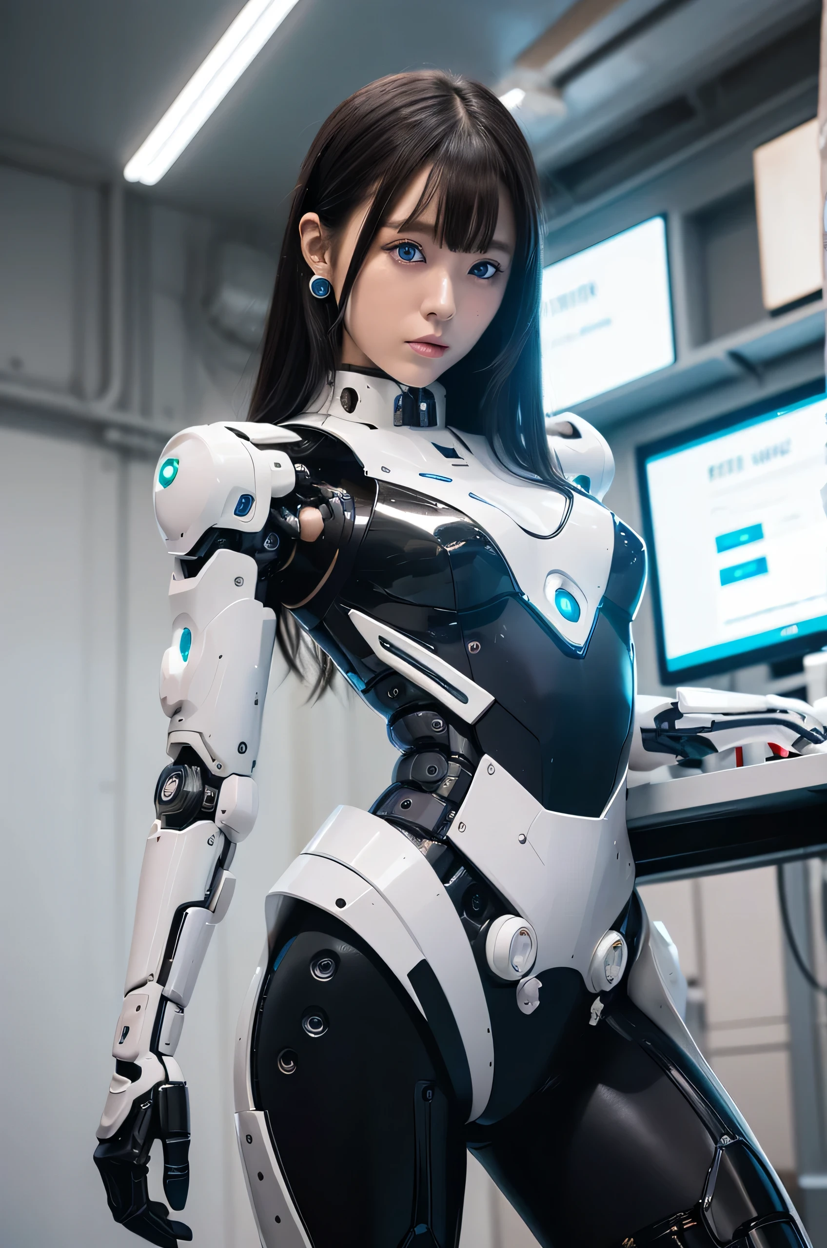 masterpiece, Best Quality, Extremely detailed, 8K Portrait,Japanese android girl,Plump,control panels,android,Droid,Mechanical Hand, ,Robot arms and legs, Black hair,Mechanical body,Blunt bangs,Charging spot,mechanical ear covers,android,robot humanoid,White robot body,mechanical ear covers,White and aqua uniform,aqua accent costume,mittens,blue eyes