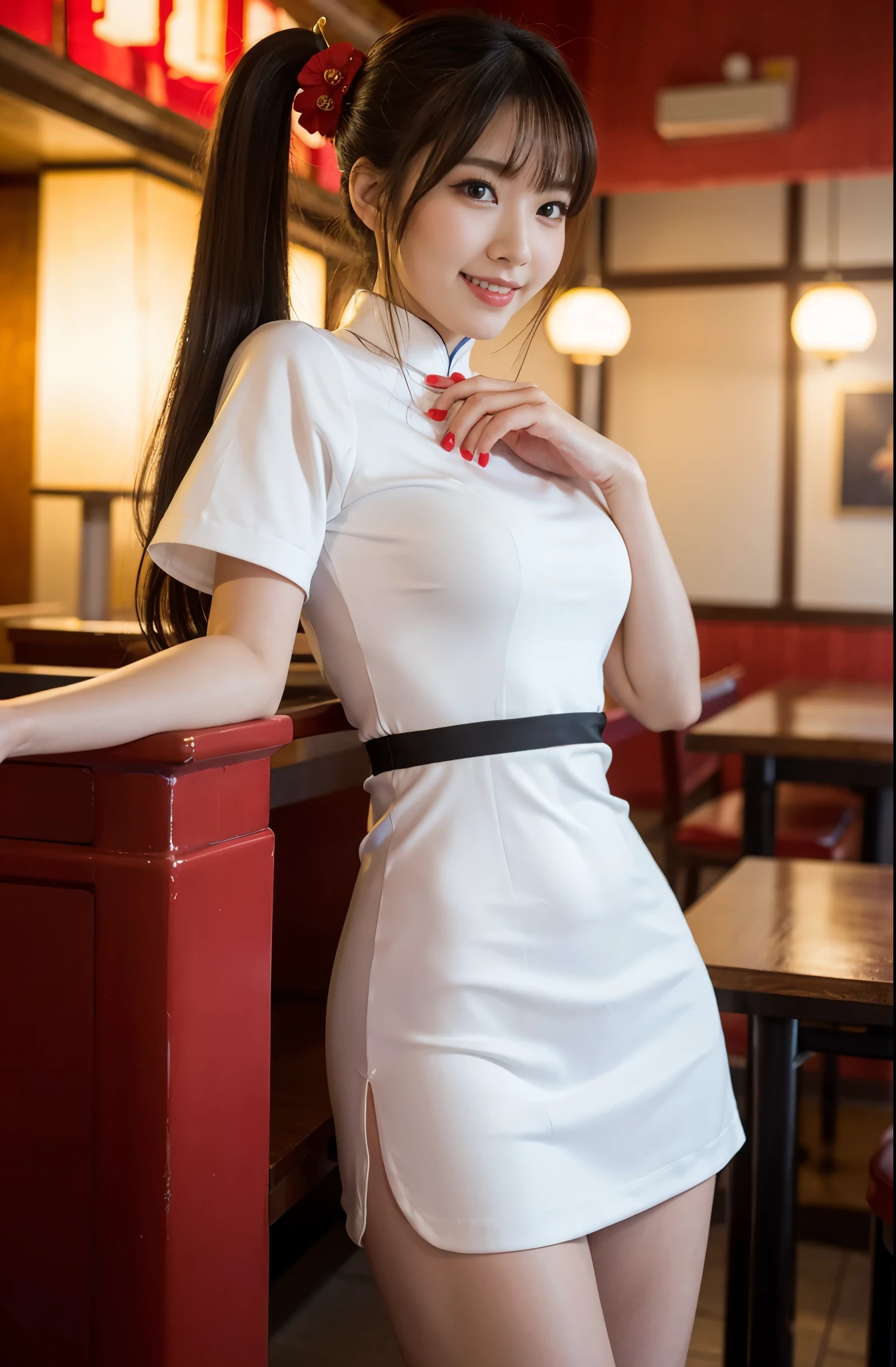 (highest quality、8K、masterpiece、nffsw:1.2)、Three 19-year-old slender beauties lined up，Flashy makeup with red eyeshadow，double eyelid，delicate mid-cut ponytail，sexy cheongsam and silk miniskirt，best smile，She is wearing a sexy short colorful cheongsam。。，Chinese dress with deep slit，draw hands correctly，The background is the bright interior of a Chinese restaurant...，