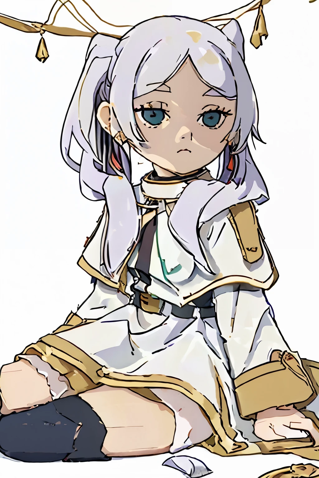 fumo \(doll\), chibi, solo, 1girl, FrierenBase, expressionless, sitting, long hair, white hair, twintails, green eyes, earrings, white capelet, striped shirt, horizontal stripes, long sleeves, belt, white skirt, gold-trim, black pantyhose