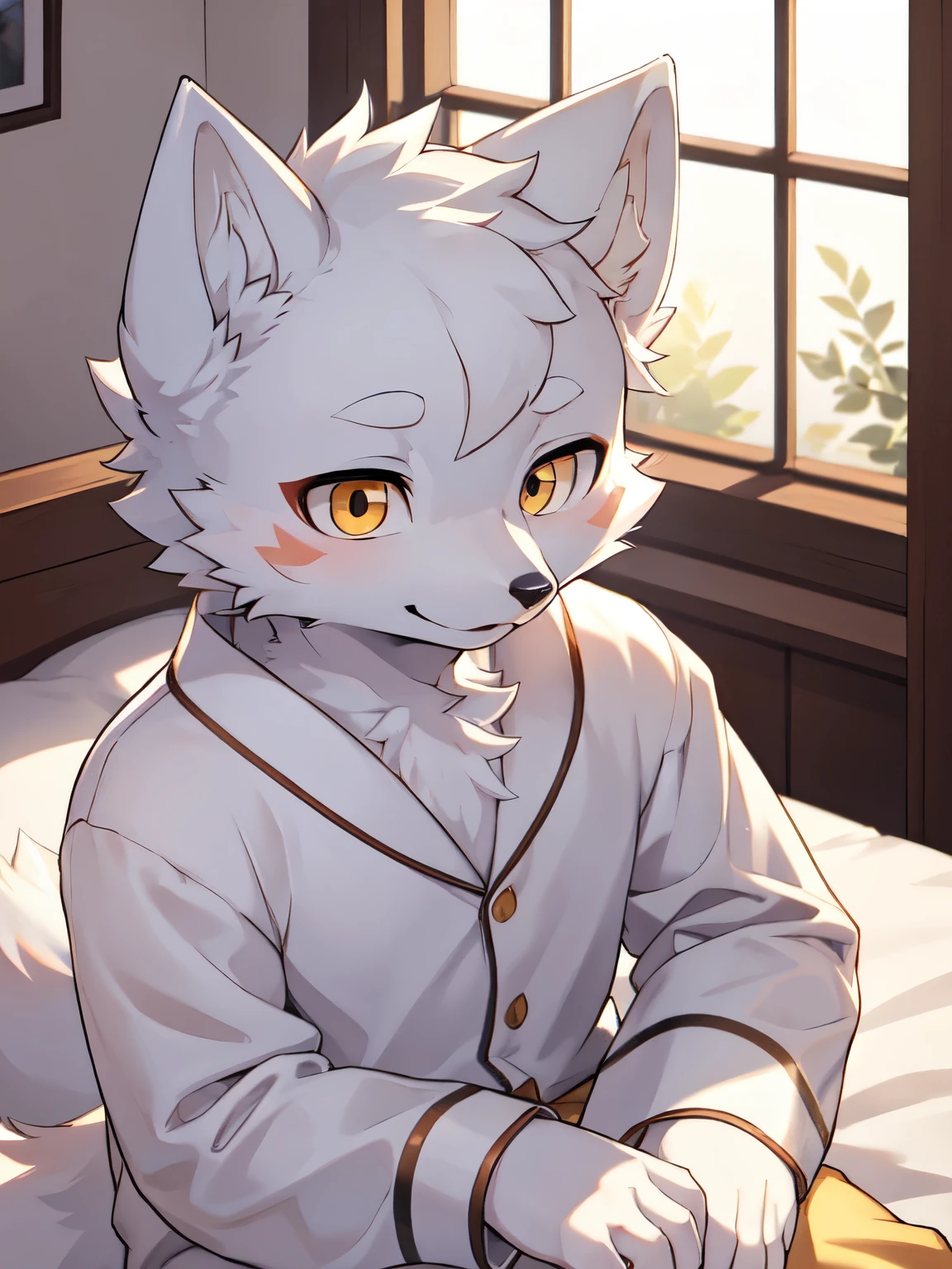 (best picture quality),(masterpiece),(((the only person))),(Super detailed),(male arctic fox:1.5), (white skin:1.3), hairy，(white fur:1.3),((golden pupils)) ,(gray ears),(hairy 动物 耳朵s)，(wearing pajamas)，sitting on bed，in the bedroom，natural lighting，complex background,Detailed face，details on face，Character focus，Detailed clothes，upper part of body，depth of field，lighting perfect，sharp focus，Character close-up