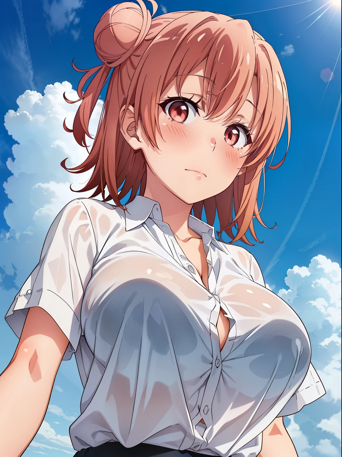 ((highest quality, High resolution, perfect pixel, written boundary depth, 4k)), 1 girl, beautiful anime girl,
close, looking at the viewer,
perfect body,
yuigahama yui, huge breast, single hair bun, short hair,
(white shirt:1.2),
(blush:1.2), An ennui look,
(from below, close shot), focus breast, cloud,