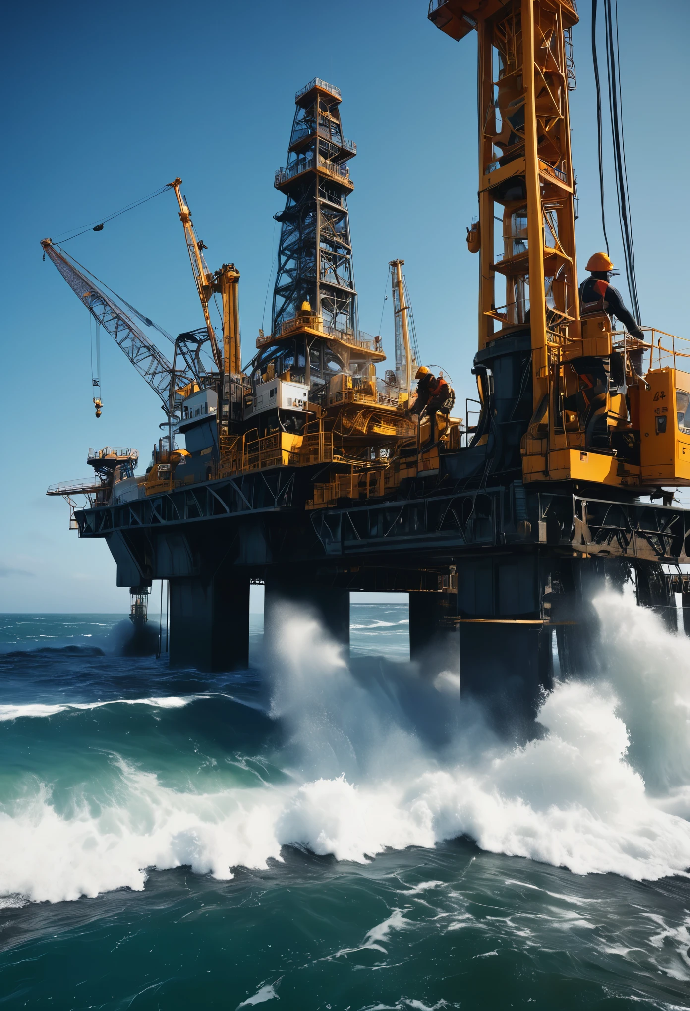 (best quality, 4k, highres), (realistic:1.37), (vivid colors), (physically-based rendering), a group of strong, rugged men, working tools in hand, tirelessly operating a drilling rig, surrounded by the vast expanse of the ocean, capturing the promise of black gold beneath the surface, basking in the warm sunlight, with waves crashing against the rig, strong and determined, muscles glistening with sweat, wearing worn-out protective gear, diligently extracting oil from the depths, intense focus in their eyes, each movement precise and calculated, the sound of machinery harmonizing with the crashing waves, expertly navigating the complex machinery, oil derricks towering into the sky, machinery emitting a faint hum of power, the salty scent of the ocean filling the air, the taste of anticipation and hard work, the mesmerizing dance of reflections on the water, the rhythmic movement of the waves, big, heavy machinery juxtaposed against the vastness of the ocean, a scene of industrial power and human resilience.