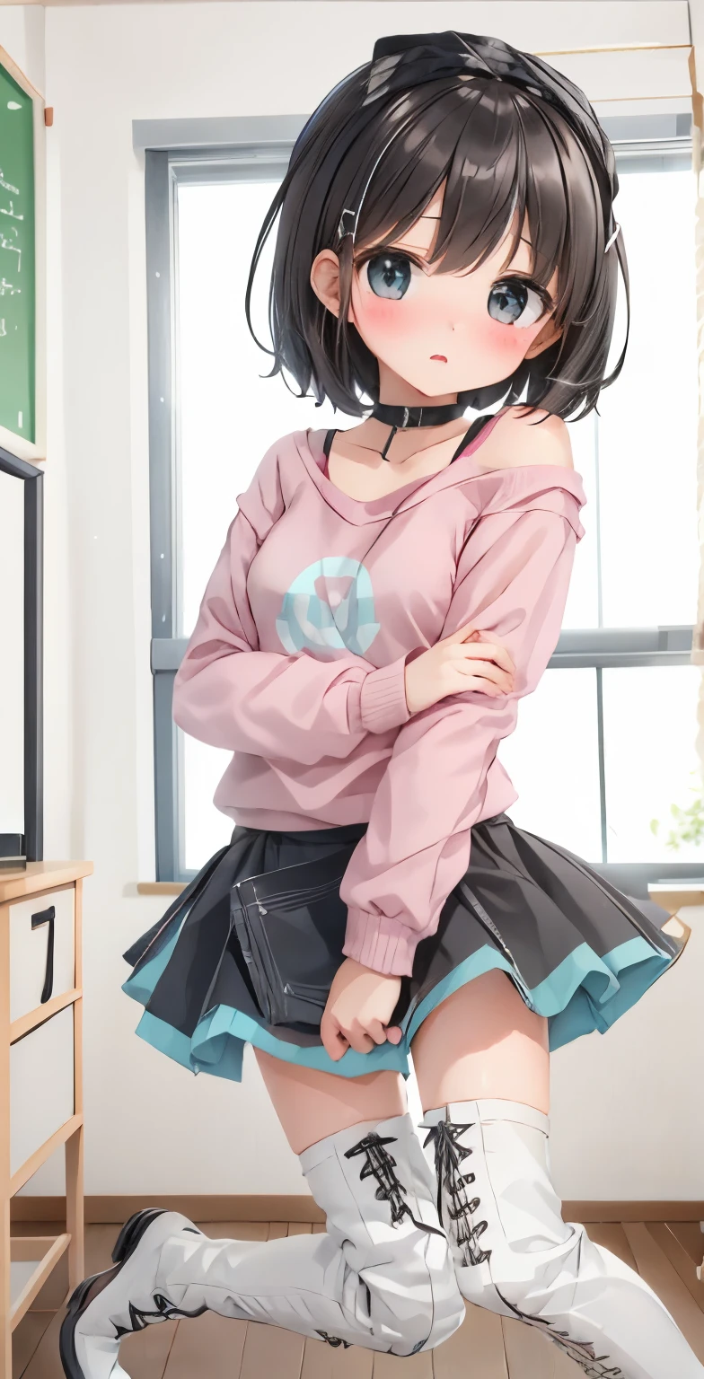 Girl with short dark hair，shy，blush，Turquoise sweatshirt，pink skirt，White knee socks，black boots，classroom scene，for the audience，stand