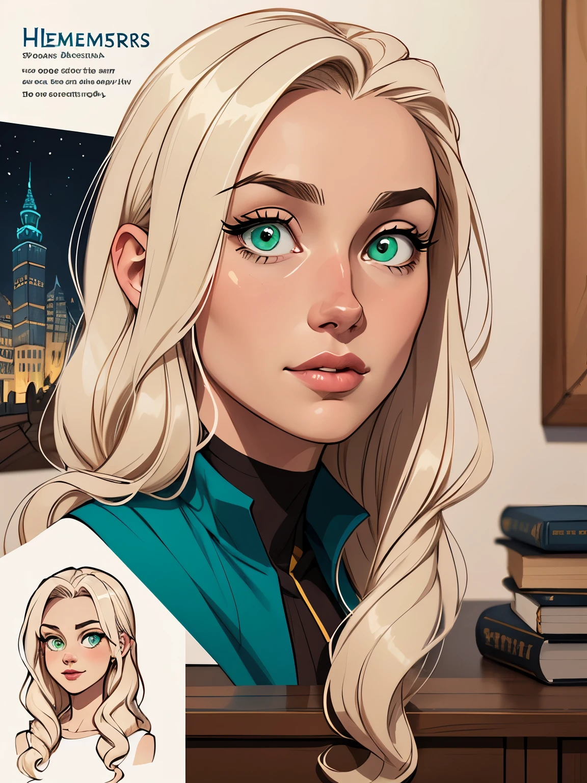 Turnaround sheet Imagem de desenho animado de uma mulher .cartoon style illustration, estilo de arte dos desenhos animados, estilo de arte dos desenhos animados, digital illustration style, design de personagens altamente detalhado, arte digital detalhada fofa, City fan art, Design de personagens de retrato, beautiful digital illustration, retrato de alta qualidade, Arte em quadrinhos, mulher jovem. Green eyes Medium and wonderful busty Hermione Granger and Luna Lovegood