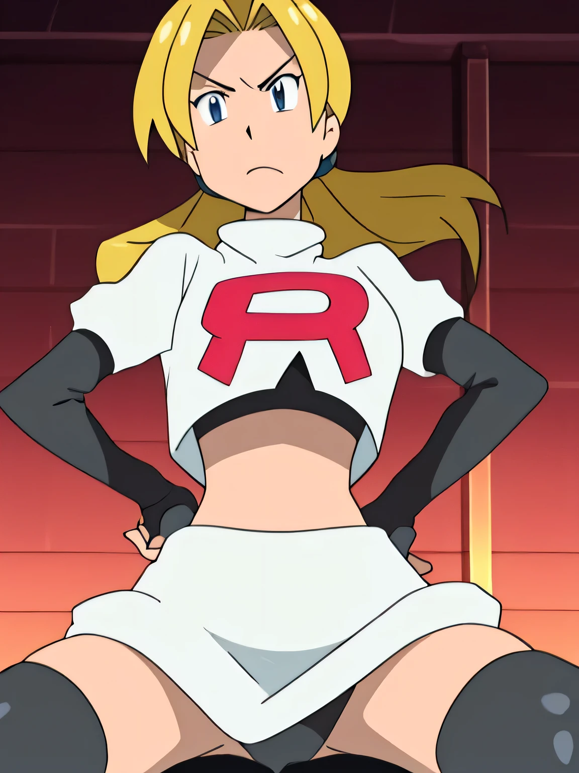 8k, masterpiece,highres, view of the valley, with grass, team rocket uniform, red letter r, white skirt,white crop top,black thigh-high boots, black elbow gloves, glaring angrily, looking down at viewer, hands on hips, spread legs, from below, black panties,,anime style, vivid colors, sharp focus, intense lighting,mayor maybelle,trails in the sky