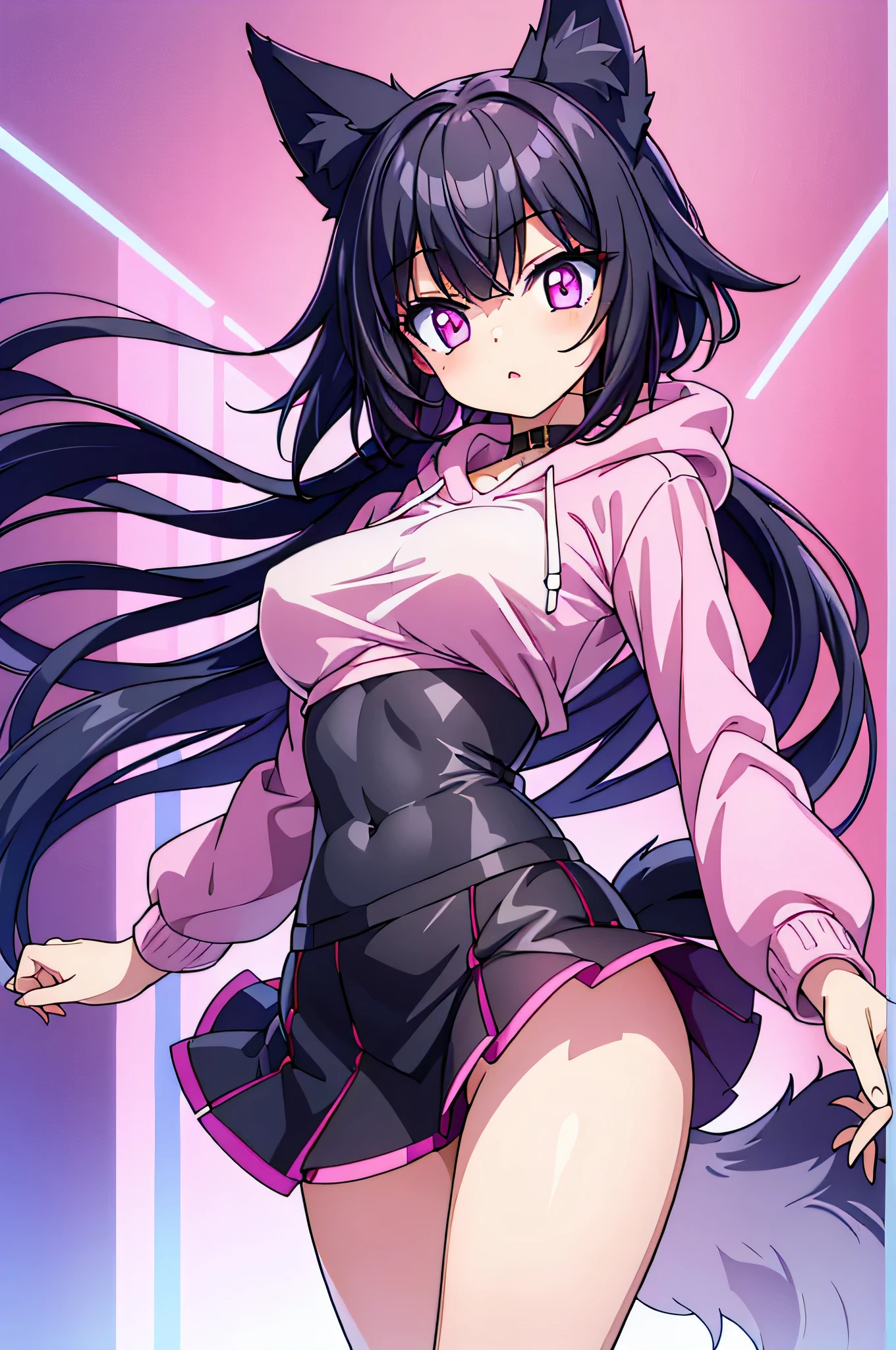 stockings, 1girl, perfect face, perfect eyes, detailed hair, outfit perfect, perfect body, perfect anatomy, perfect chest, perfect hips, perfect legs and feet, perfect hands, dynamic pose, dynamic background, shiny skin, ultra detailed eyes, ultra detailed clothing, blacklight, neon, darkroom, glowing eyes, looking at the viewer, ((see through pink skirt)), tight pink t shirt, ((short black hair)), ((fox tail)), ((fox ears)), ((pink eyes)), ((oversized hoodie))