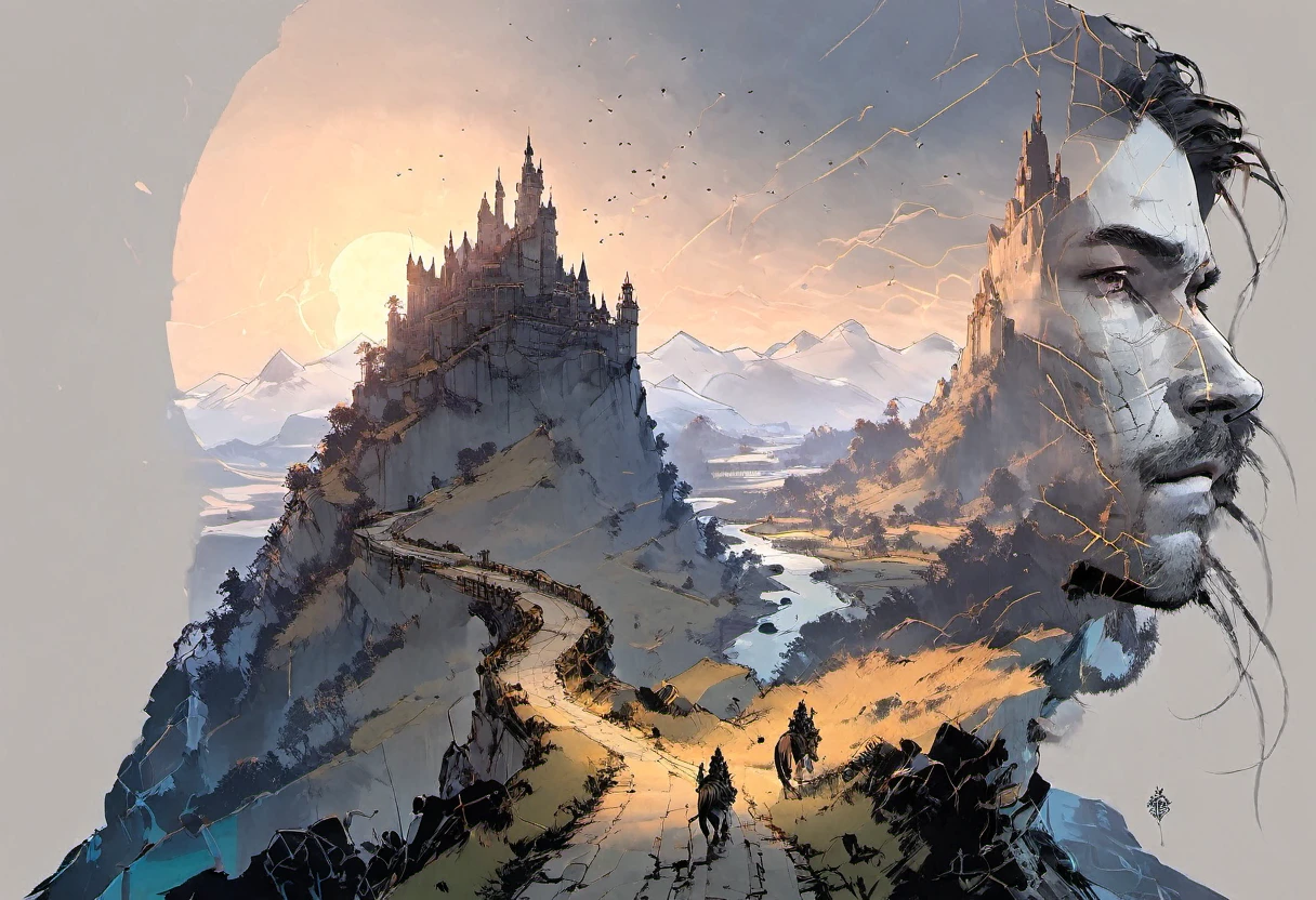 (Super multi-exposure effect, in which the background is visible through the foreground) The foreground of the game is the hex dice on the fly. The background is a landscape from a height: Mountains, a castle , a dragon in the distance, three heroes walking along the road. A rough charcoal colored sketch.ultra-fine details, dramatic lighting, sharp focus, studio setting, artistically trending on ArtStation, intricate details,digital rendering. sharp focus, studio photo, intricate details, highly detailed