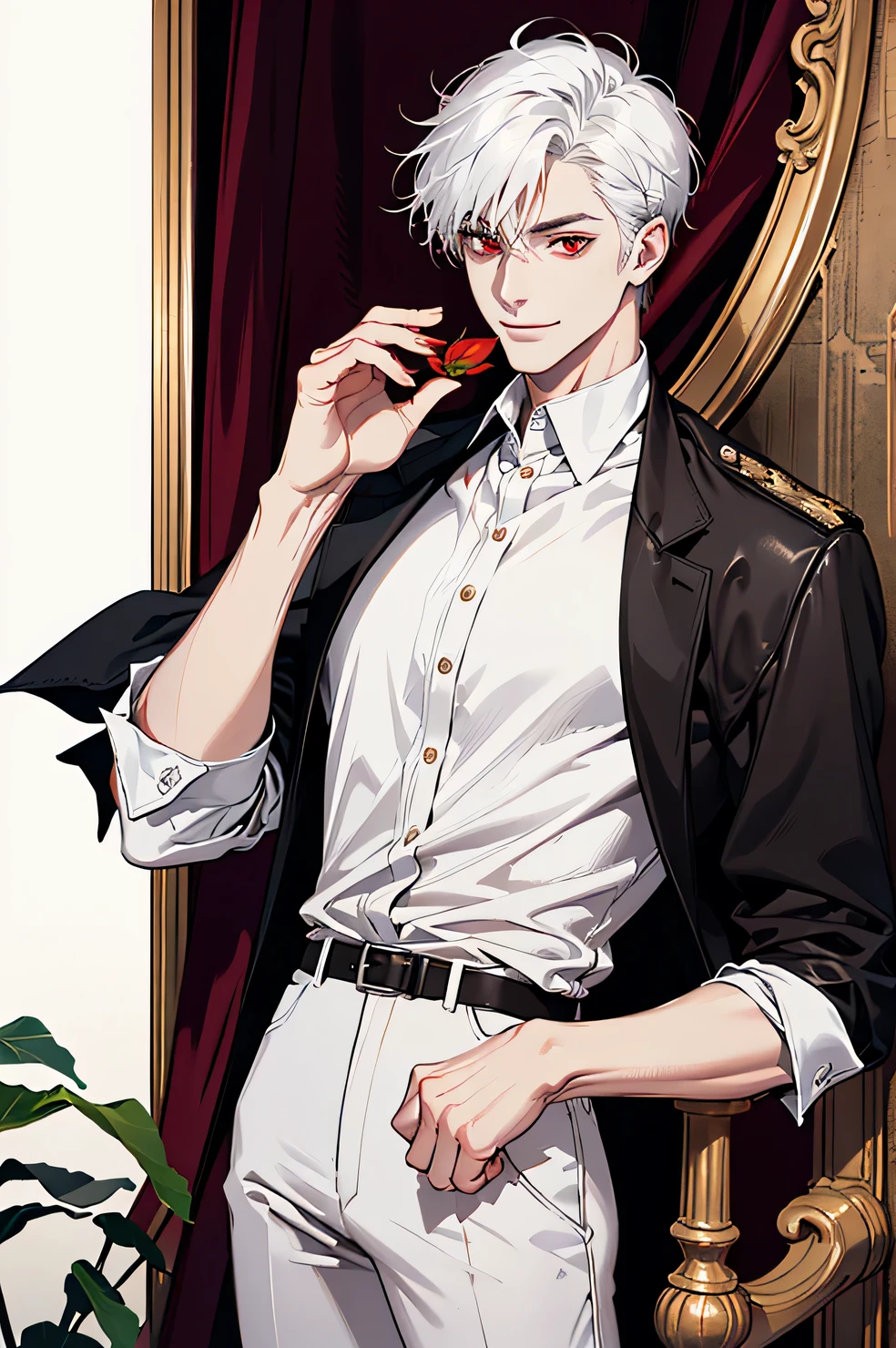 (absurdres, highres, ultra detailed), 1man, 30 years old man, adult man, handsome, tall,, finely detailed eyes and detailed face, leather pants, (((white shirt))), smile, dutch angle, ((Short, White hair)), gold details, gothic, vampire, vampire prince, dark, simple clothes, looking at the view, pale skin, detailed eyes, (masculine), sexy, elegant, detailed hands, (((red eyes)))