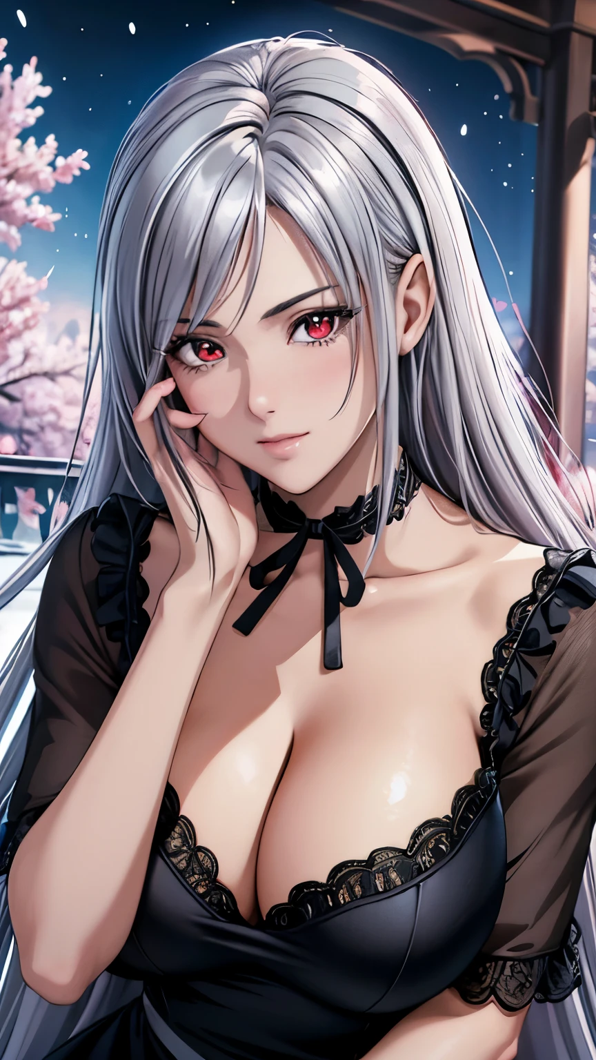 red eyes, (highest quality, masterpiece painting:1.3), immature woman, , (half body shot), masterpiece, ultra high resolution, (Photoreal:1.0), light pink and silver hair,straight hair, beautiful shining hair, white and shining skin, ((Ultra realistic details)), octane rendering, highly detailed face, (big breasts:0.8), ((Heart with both hands:1.2)), She wears stunning costumes inspired by Belle Époque style, flowing black dress decorated with lace and ribbons, (clothing: black belle époque dress with lace and ribbons),cleavage, perfect body, soft skin, anime face, perfect face, perfect eyes, looking at the viewer, smart, snow falling, ((fantastic night)), ((outdoors)), sharp focus, intricate details, professional artwork, (bright colors:1.1), bright colors, diffused lighting, digital blending, ultra-definition body, ultra detail hair, super detailed face, that'It's trending on pixiv, top button open, Cute gaze, compensate, perfect lips, perfect compensate, Ultra-precision coating, (light_smile:0.8), (Very embarrassed:1.2), blush your nose,