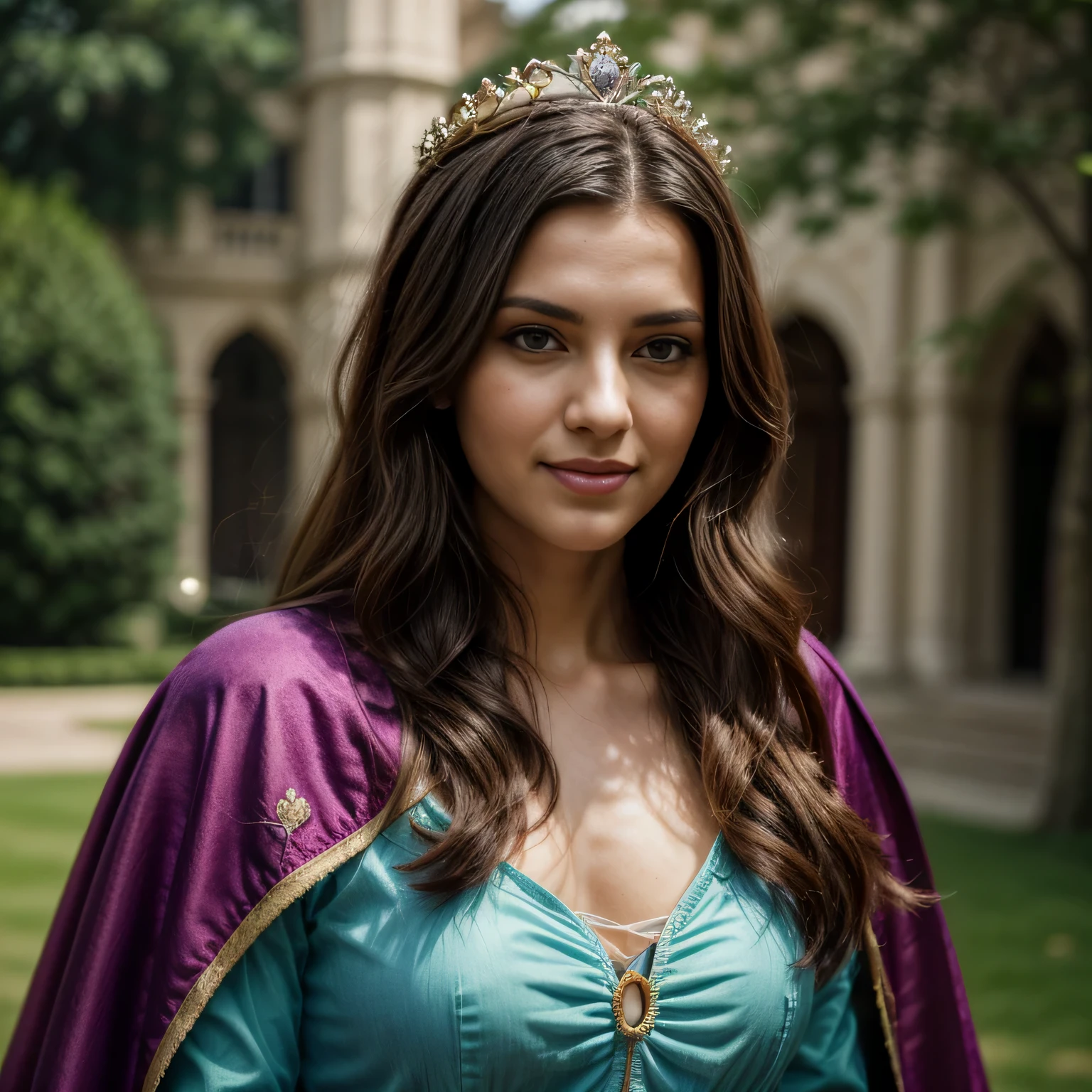 full Portrait of A confident-looking 26 year old British queen with long flowing hair, crown on head, purple cape, royal dress, hazel eyes, cute smile, standing in royal garden, full shot, palace background, bokeh, perfect composition, hyperrealistic, super detailed, 8k, high quality, trending art, trending on artstation, sharp focus, outdoor photo, intricate details, highly detailed, art by Greg Rutkowski
