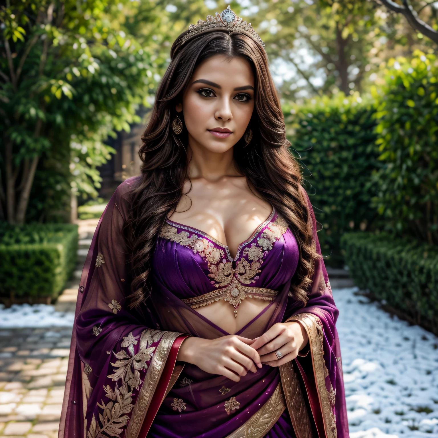 full Portrait of A confident-looking married Russian queen with long flowing hair, crown on head, purple cape, royal saree, hazel eyes, standing in royal garden, snow background, bokeh, perfect composition, hyperrealistic, super detailed, 8k, high quality, trending art, trending on artstation, sharp focus, perfect studio photo, intricate details, highly detailed, art by Greg Rutkowski
