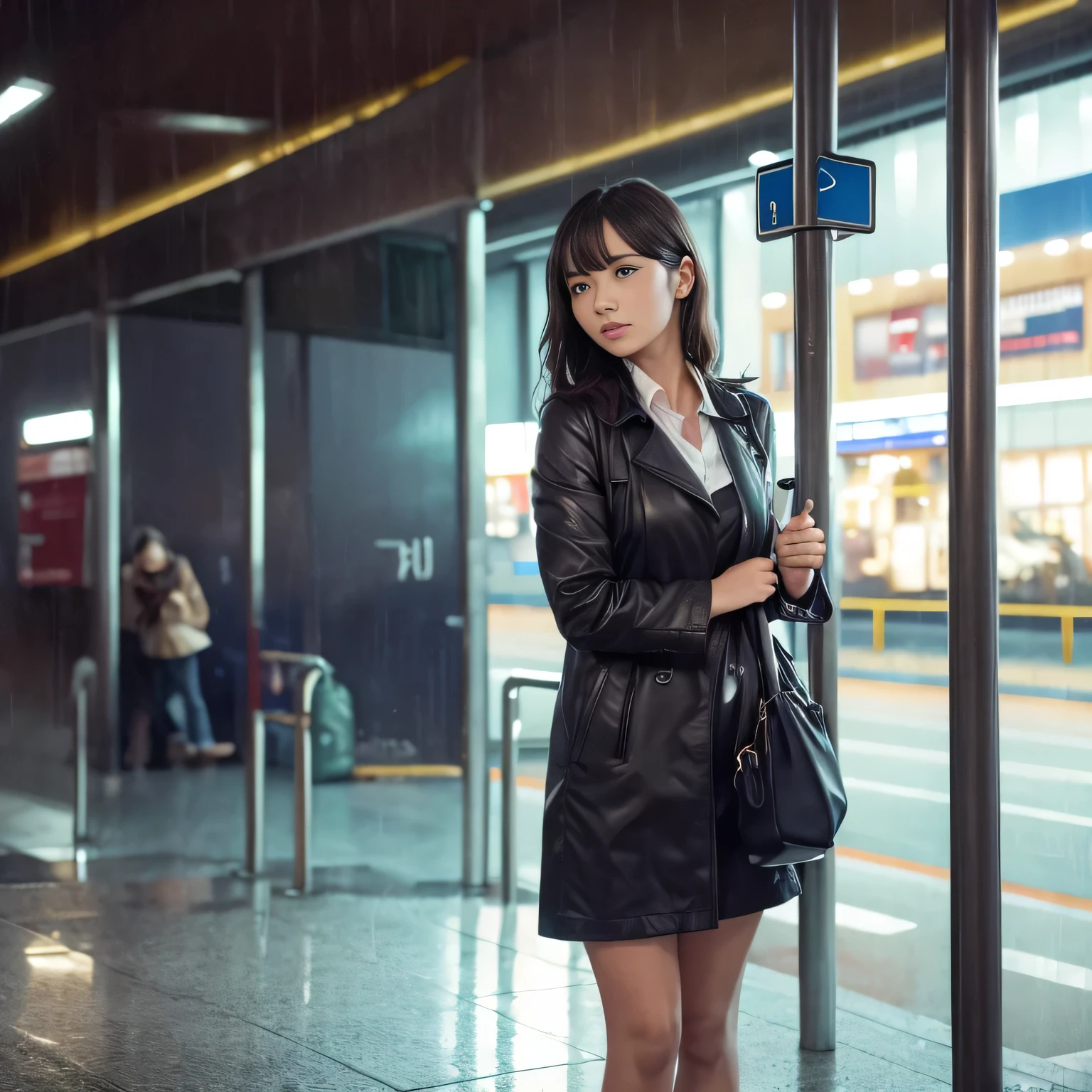 realistic girl in a bus station rain night cinematic dramatic realistic 8k