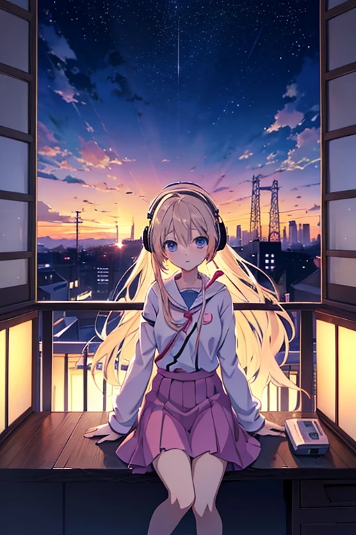 anime girl with headphones looking out a window at a city, lofi (masterpiece)、(top-quality)、girl with、Listening to music on the veranda of the apartment Night sky outside Japan、Sateen、Anime cartoon style、 By Shinkai Makotogirl,anime vibes, lofi artstyle, anime style 4 k, anime aesthetic, nightcore, lofi feel, lofi art, anime art wallpaper 4 k, anime art wallpaper 4k, anime wallpaper 4 k, anime wallpaper 4k, lofi vibes