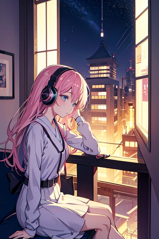 anime girl with headphones looking out a window at a city, lofi (​masterpiece)、(top-quality)、girl with、Listening to music on the veranda of the apartment Night sky outside Japan、Sateen、Anime cartoon style、 By Shinkai Makotogirl,anime vibes, lofi artstyle, anime style 4 k, anime aesthetic, nightcore, lofi feel, lofi art, anime art wallpaper 4 k, anime art wallpaper 4k, anime wallpaper 4 k, anime wallpaper 4k, lofi vibes