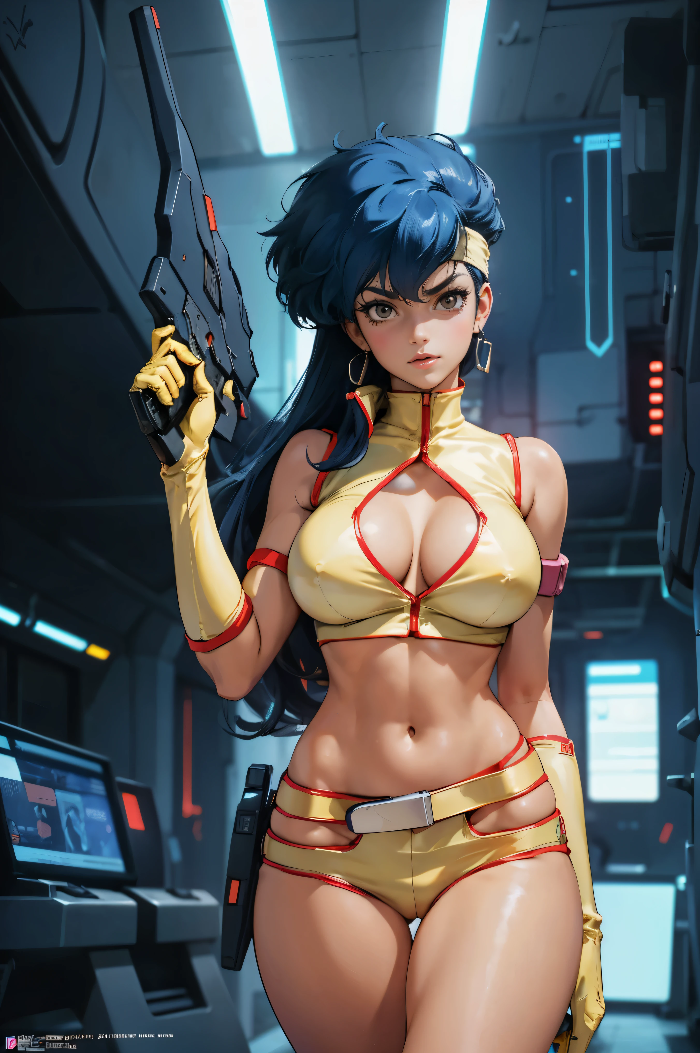 Yuri from The Dirty Pair, , wearing a tight outfit, skimpy, medium breast, (long hair), dark blue hair, beauty, cyberpunk city background, holding retro space-gun, cleavage, slim waist, slim thighs, thigh gap, (light yellow uniform), show belly