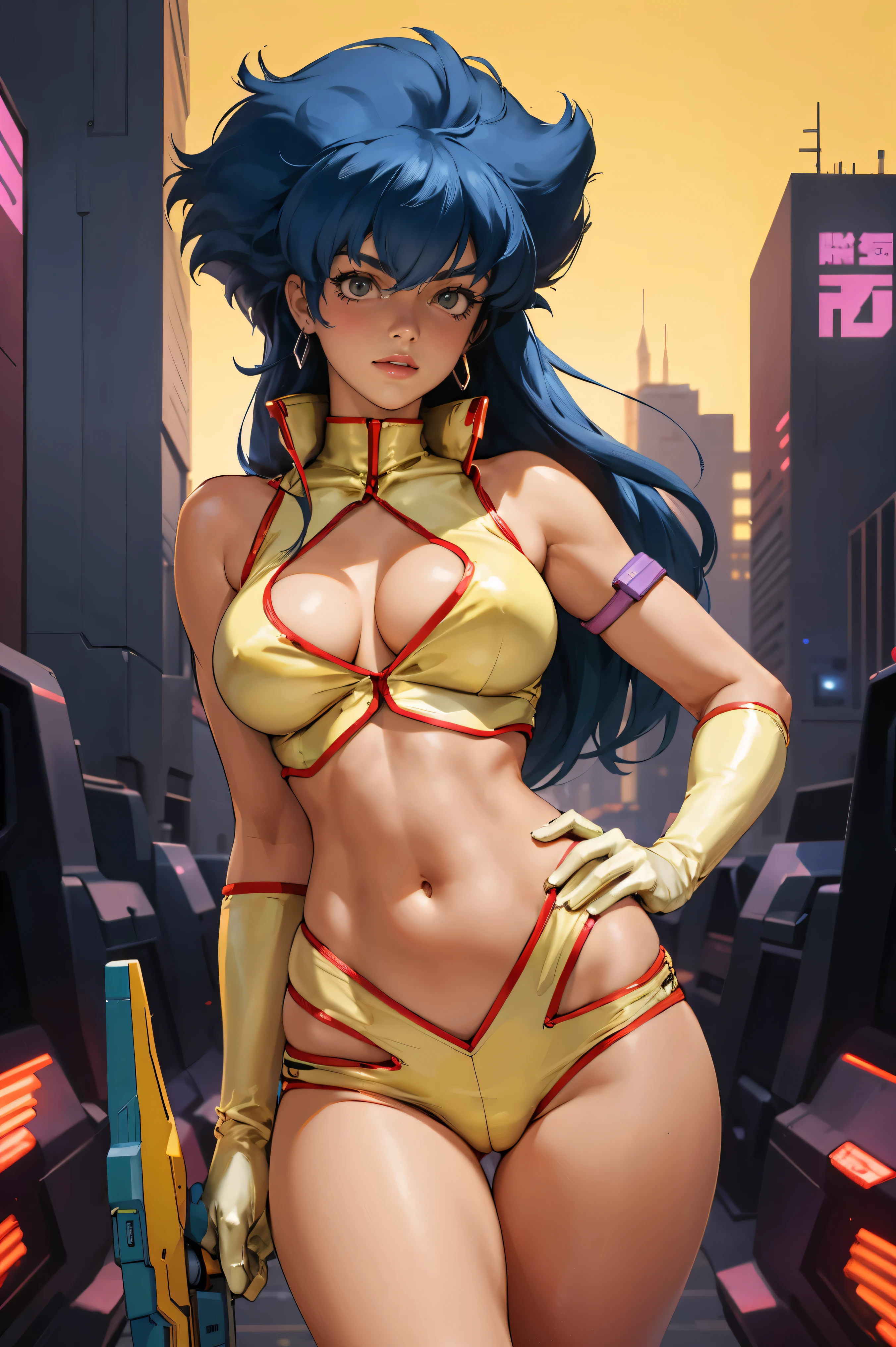 Yuri from The Dirty Pair, , wearing a tight outfit, skimpy, medium breast, (long hair), dark blue hair, beauty, cyberpunk city background, holding retro space-gun, cleavage, slim waist, slim thighs, thigh gap, (light yellow uniform), show belly