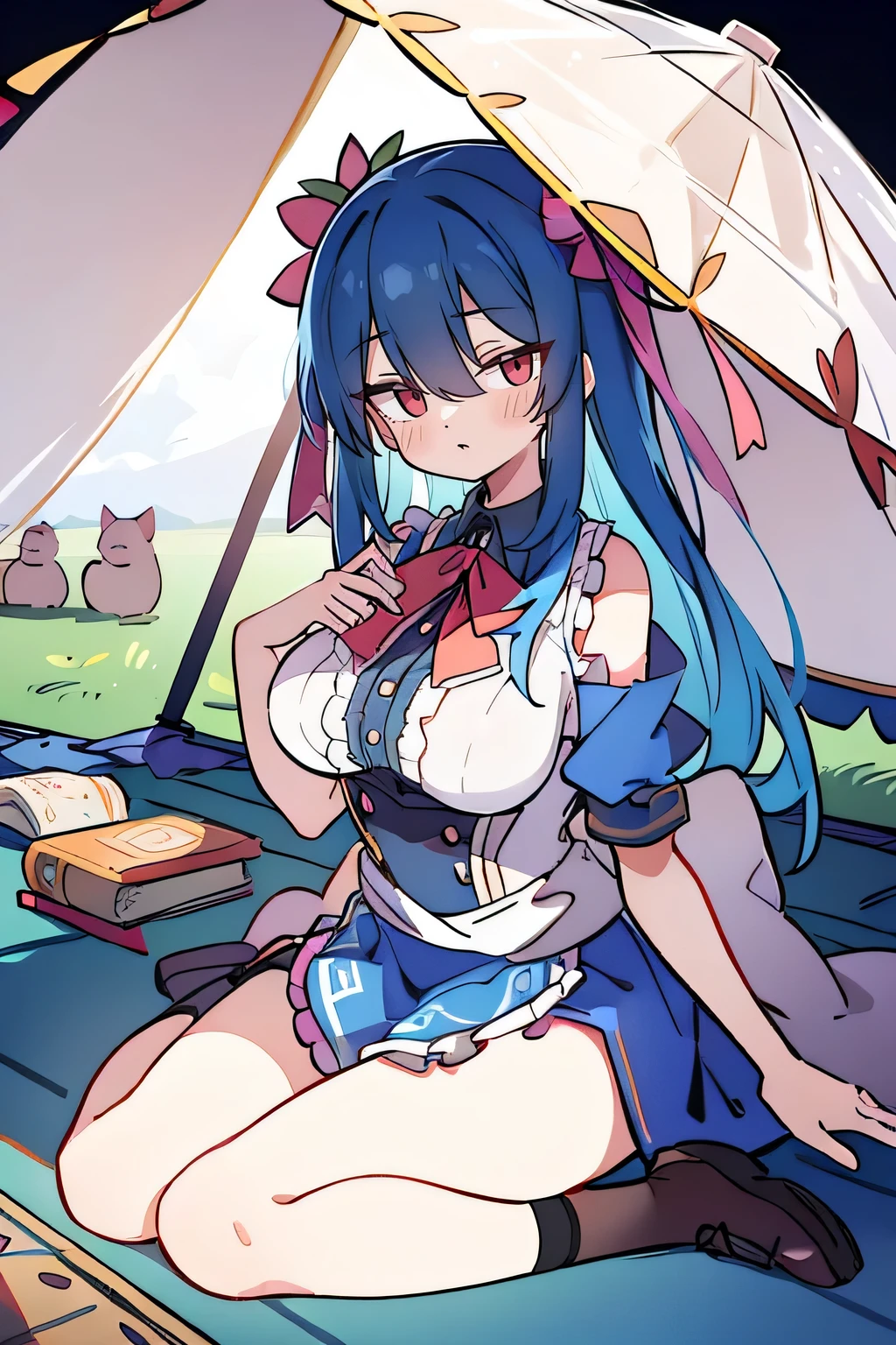 (masterpiece),best quality, expressive eyes, perfect face,sit, sit on ground, Legs on the ground, 1girl,
Big breasts, H cup, Good breasts, Put your hands on your waist,fair, Gorgeous,Japanese cartoons,girl,lola,Hina Angel, blue hair, blue haired,tent , tent chest, tent breast, floating clothes