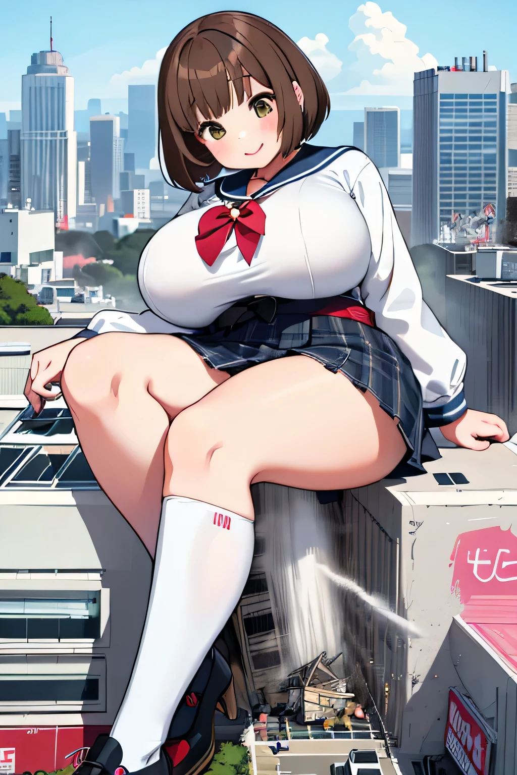 (highest quality、High resolution、detailed background)、(Highly detailed beautiful face:1.4)、cute teenage girl、Brown hair or cute hair color、Braided bob cut、huge breasts、realistic、perfect body line、thick thighs、Attractive big buttocks、Accentuate your attractive buttocks、cute、A beautiful girl taller than a building、Aerial footage、aerial view、Sit in the building、Destroying the city with a big smile and having fun、
(A giant girl bigger than a skyscraper destroys the city of Shibuya:1.5)、cute sailor suit、white sailor collar、plaid pleated mini skirt、white knee high socks、cute