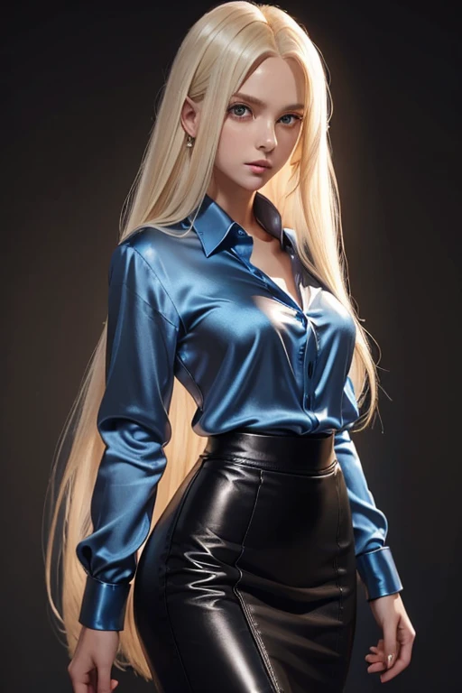 blond haired woman with long white hair, perfect white haired girl, blonde anime girl with long hair, long blonde hair and large eyes, skinny girl, slim body, innocent face, angelical face, blonde long hair, 20 years old, super ultra high quality, 8k, 16k, extremely detailed face, extremely detailed eyes, ((black leather pencil skirt:1.24)), ((blue silk shirt:1.25)), seductive pose, hourglass figure, fit, seductive face, look at camera and wink, soft volumetric lights, intricate details, (ArtStation:1.2), long straight hair, shiny smooth hair, blue eyes, gorgeous eyes, shiny eyes, long legs, high heels
