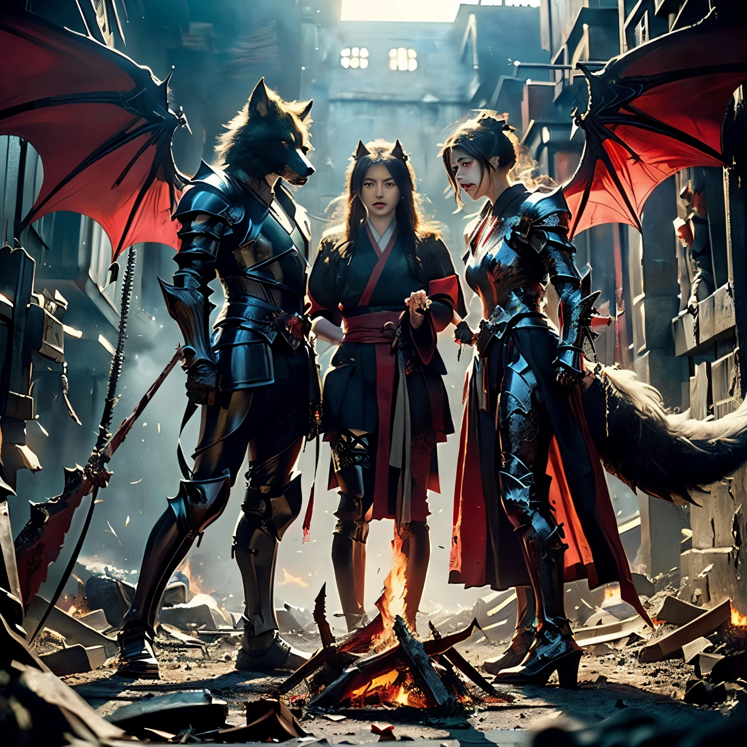 (((Realistic, masterpiece, best quality, crisp detail, high definition, high detail, very rich detail, sharp focus, sharp detail, colorful, rich color, perfect studio lightning))), ((20 years old, beautiful devil, kasumi arimura, evil gothic make up, flying, floating)),(((in the middle of war, epic war scene, attack stance))), wearing (((beautiful decorated black heavy armor, dark dragon armor, decorated full body armor, fully armored beautiful kimono, wide fire diabolos wings))), (flying, holding giant blade, blood scattered face, blood tears, blood bath, blood shed), (((fire everywhere, blood everywhere, death everywhere, japan bakumatsu period, dead bodies,carcass,burned japanese castle, cerberus, three headed wolves, were wolves, hellish,chaos, inferno)) traditional village background, dark atmosphere, bloody night)