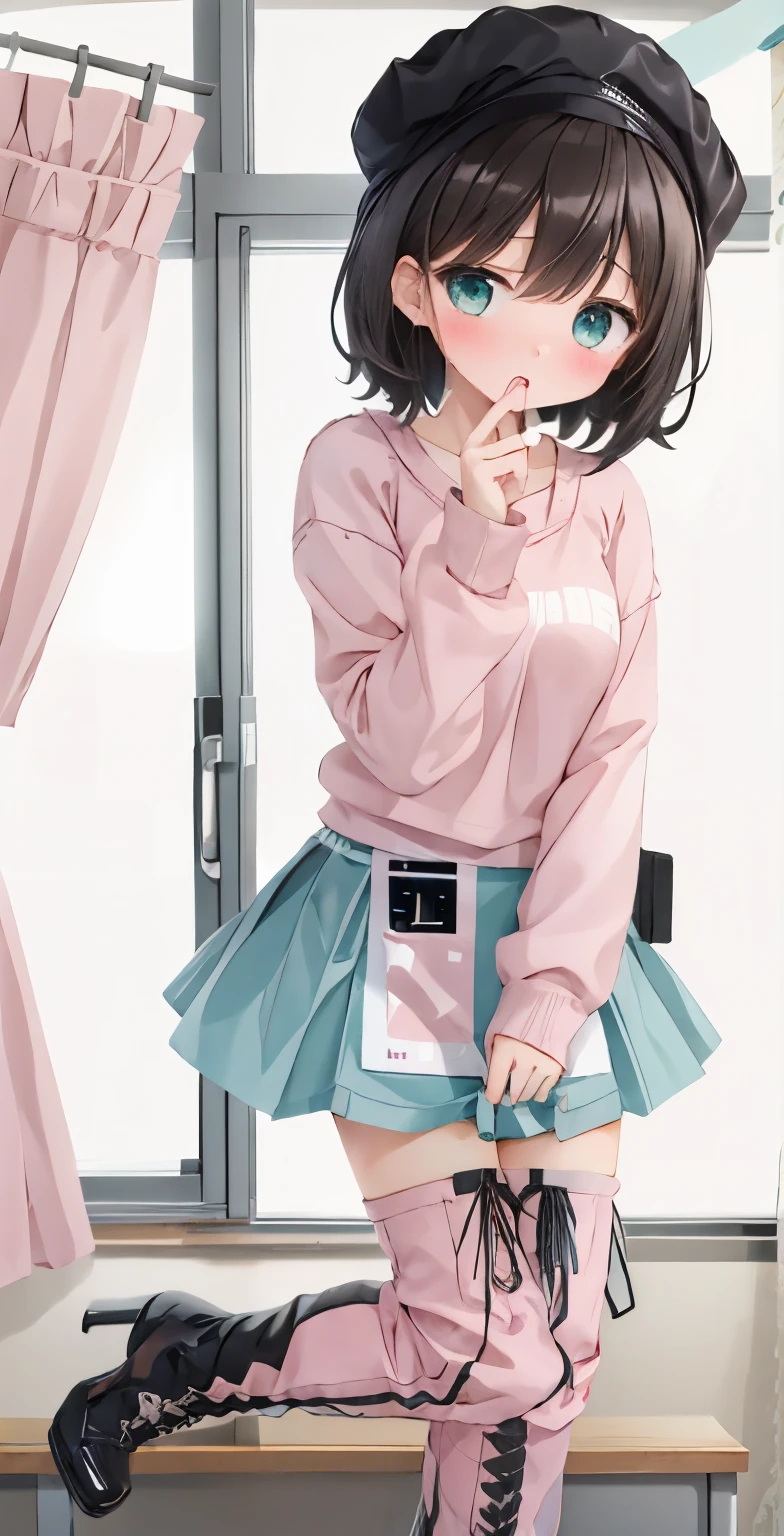 Girl with short dark hair，shy，blush，Turquoise sweatshirt，pink skirt，White knee socks，black boots，classroom scene，for the audience，stand