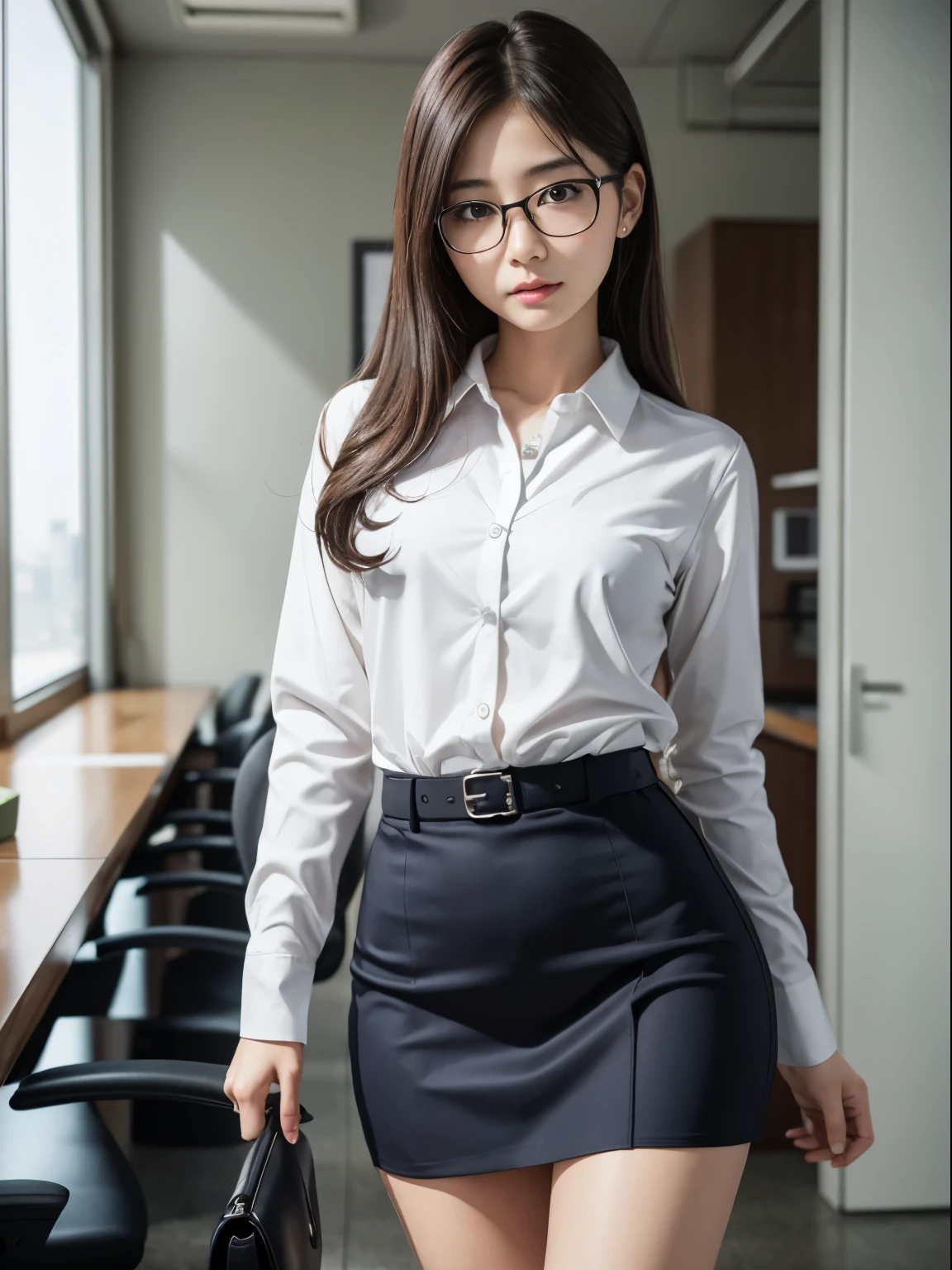 one person、solo、A 20-year-old office lady in office uniform poses for a photo shoot、glare、sexy、victory、Tsundere、Saucy、Single knot、OL、suit、blue mini skirt、anger、Small、glasses、Slim girl model photo、Body:史上最Smallの美少女、female model、Japanese female fashion model、(8K、RAW photo、Highest image quality、masterpiece:1.2)、(real、photorealistic:1.37)、Ultra high definition、Ultra high definition、Office Street、standing position、whole body、((((SEXY)))