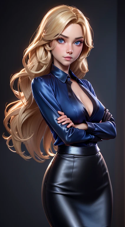 professional, (4k photo:1.1) by (Jeremy Lipking:0.3), (Dittmann Anna:0.3), (Arian Mark:0.3), (Sharp focus:1.3), high detail, wearing (tight shirt:1.2), beautiful detailed face, hazel eyes, long blonde hair, (attractive young woman:1.3), (seductive:1.1), (blushing:1.1), hourglass body shape, small round breasts, wide hips, ((black leather pencil skirt:1.24)), ((blue silk shirt:1.25)), seductive pose, hourglass figure, fit, seductive face, look at camera and wink, soft volumetric lights, intricate details, (ArtStation:1.2), long straight hair, shiny smooth hair, blue eyes, gorgeous eyes, shiny eyes, long legs, high heels