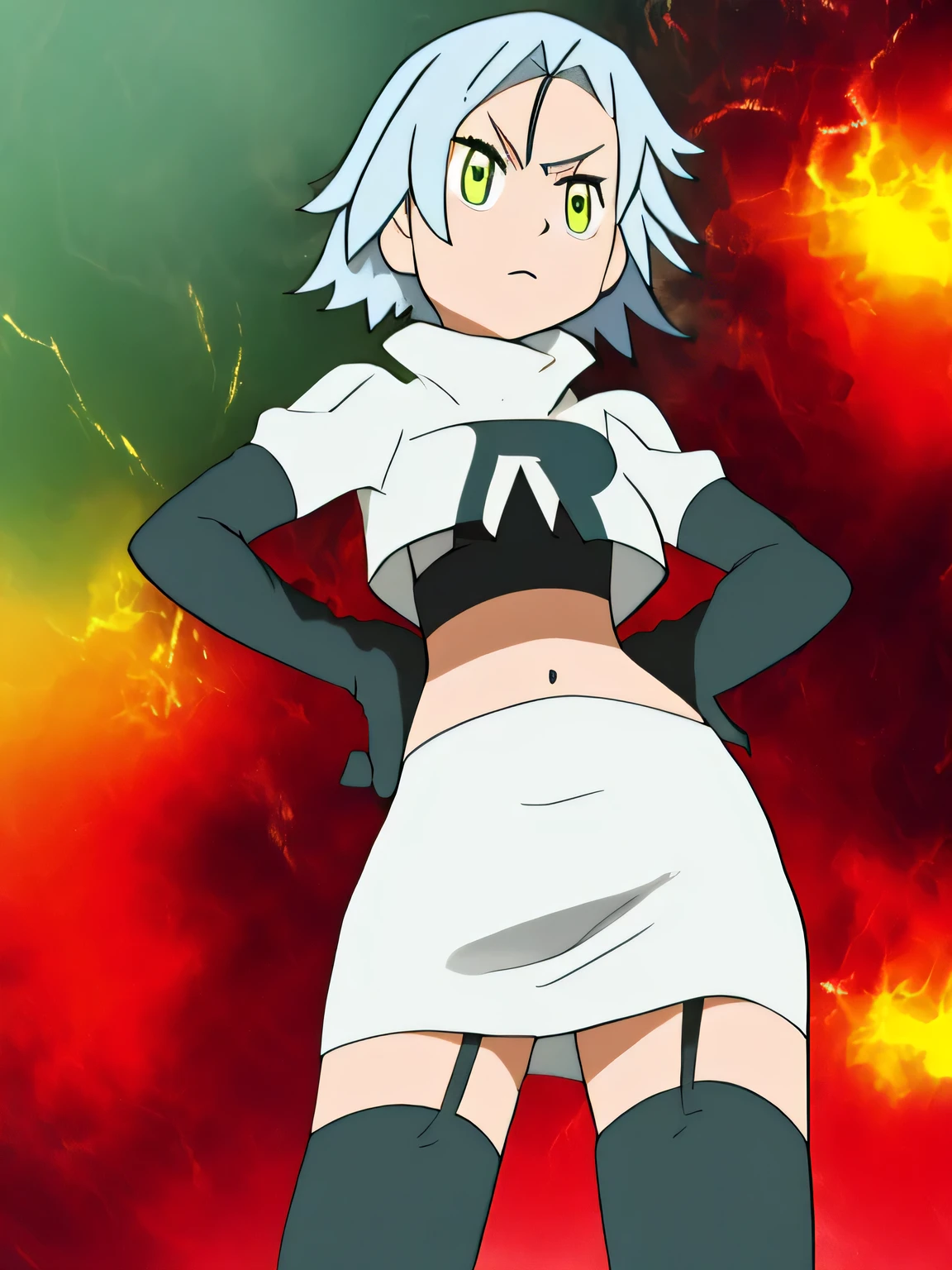 masterpiece,best quality,high res,high quality,raine sage,white hair,8k, masterpiece,highres, team rocket uniform, red letter r, white skirt,white crop top,black thigh-high boots, black elbow gloves, glaring angrily, looking down at viewer, hands on hips, cowboy shot, zettai ryouiki,spread legs,from below, black panties,anime style, vivid colors, sharp focus, intense lighting,