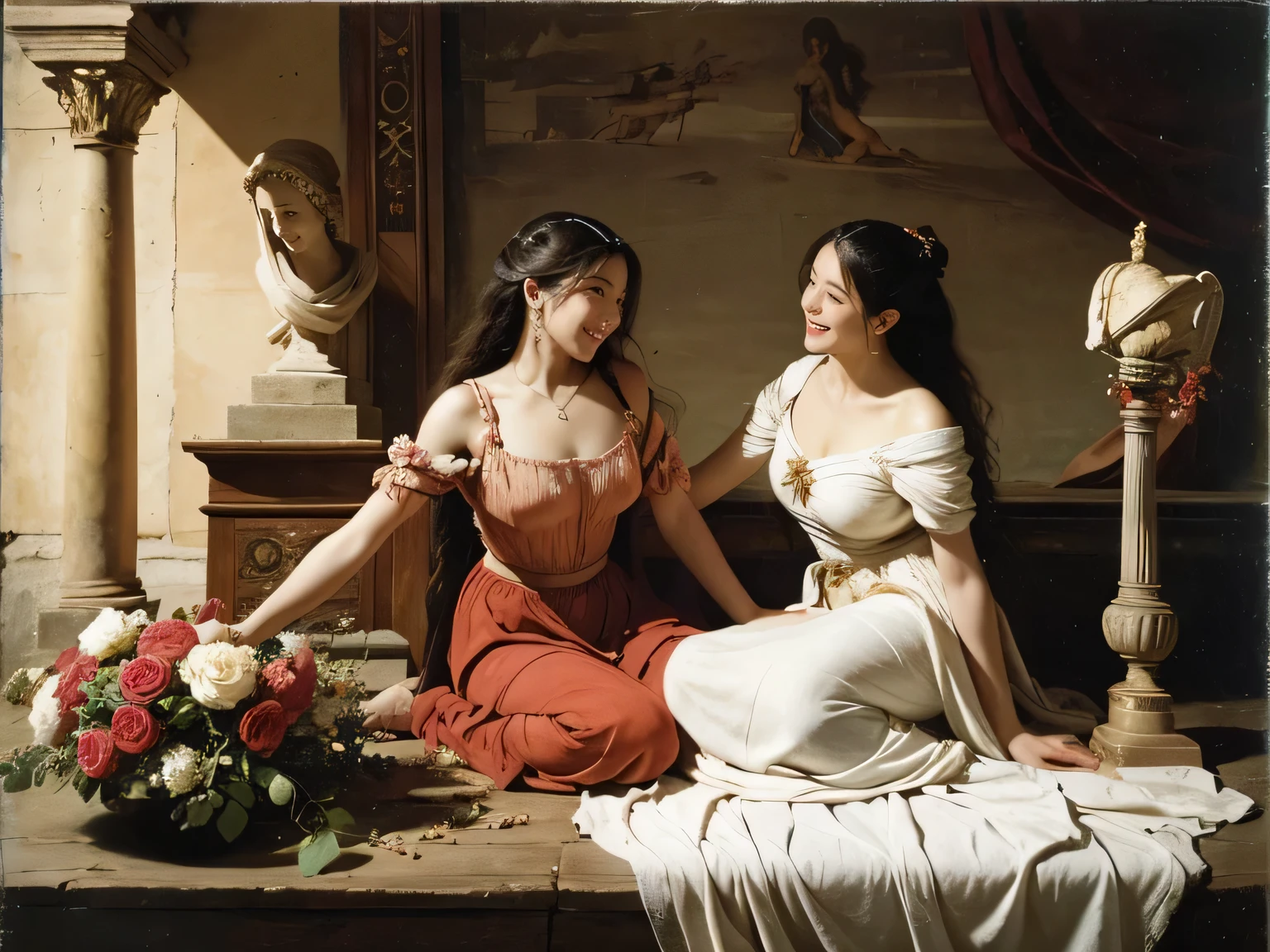 (extremadamente detallado, obra maestra, La mejor calidad), Estilo oscuro, intense illumination, mujer abrazando un monstruo grande, erotic manchas de tinta. Rococo composition. Luz de caravaggio