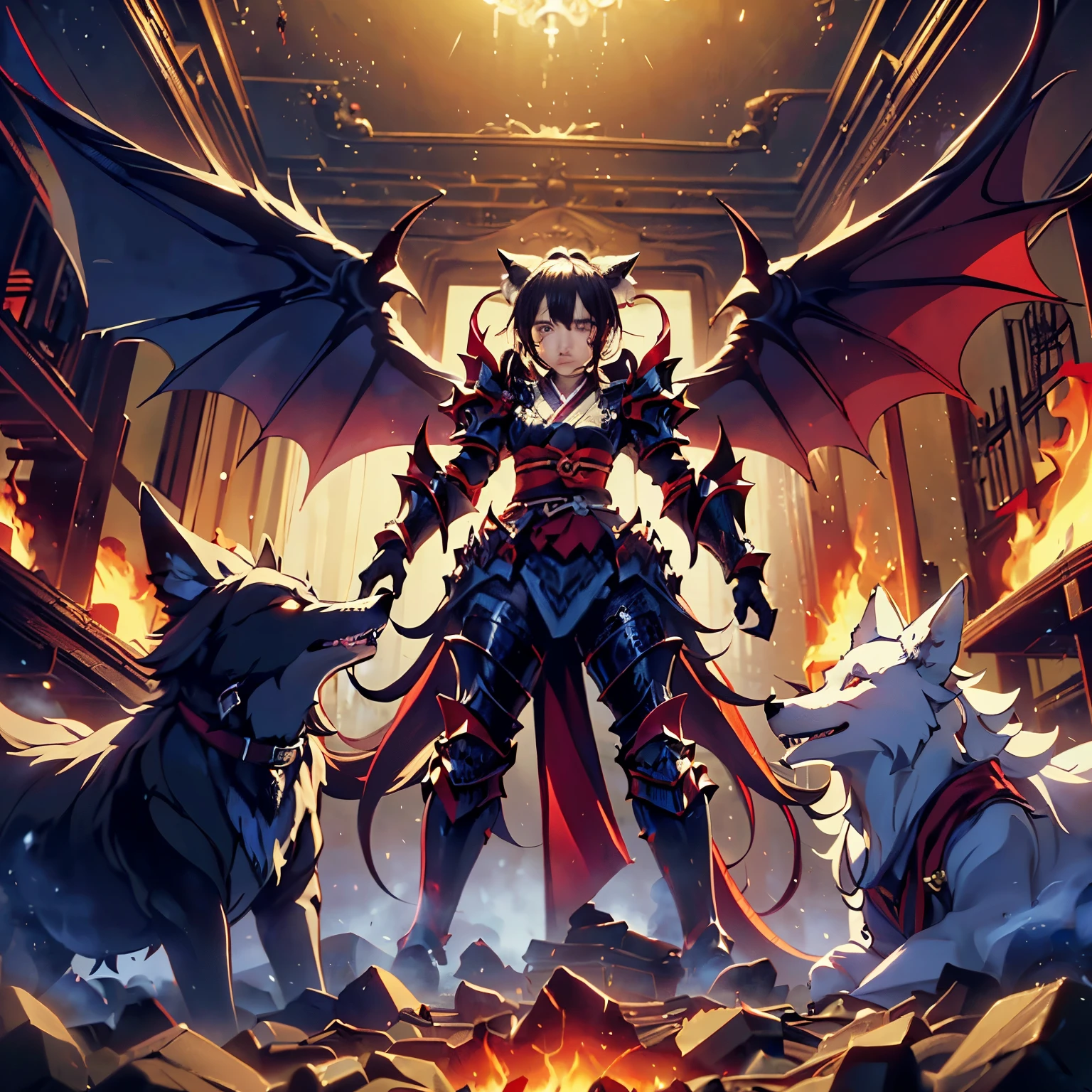 (((Realistic, masterpiece, best quality, crisp detail, high definition, high detail, very rich detail, sharp focus, sharp detail, colorful, rich color, perfect studio lightning))), ((20 years old, beautiful devil, kasumi arimura, evil gothic make up, flying, floating)),(((in the middle of war, epic war scene, attack stance))), wearing (((beautiful decorated black heavy armor, dark dragon armor, decorated full body armor, fully armored beautiful kimono, wide fire diabolos wings))), (flying, holding giant blade, blood scattered face, blood tears, blood bath, blood shed), (((fire everywhere, blood everywhere, death everywhere, japan bakumatsu period, dead bodies,carcass,burned japanese castle, cerberus, three headed wolves, were wolves, hellish,chaos, inferno)) traditional village background, dark atmosphere, bloody night)