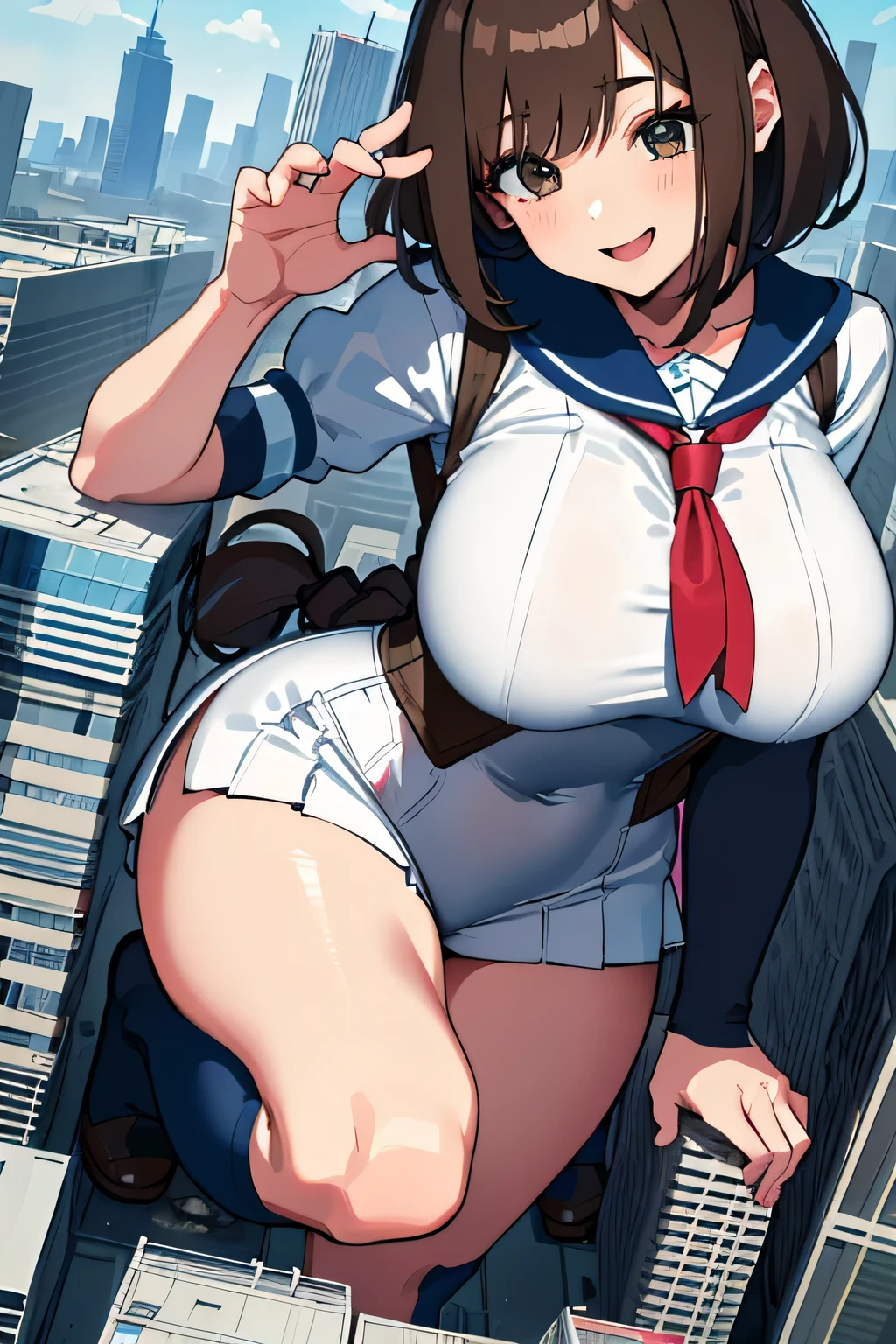 (highest quality、High resolution、detailed background)、(Highly detailed beautiful face:1.4)、cute teenage girl、Brown hair or cute hair color、Braided bob cut、huge breasts、realistic、perfect body line、thick thighs、Attractive big buttocks、Accentuate your attractive buttocks、cute、A beautiful girl taller than a building、Aerial footage、aerial view、Sit in the building、Destroying the city with a big smile and having fun、
(A giant girl bigger than a skyscraper destroys the city of Shibuya:1.5)、cute sailor suit、white sailor collar、plaid pleated mini skirt、white knee high socks、cute