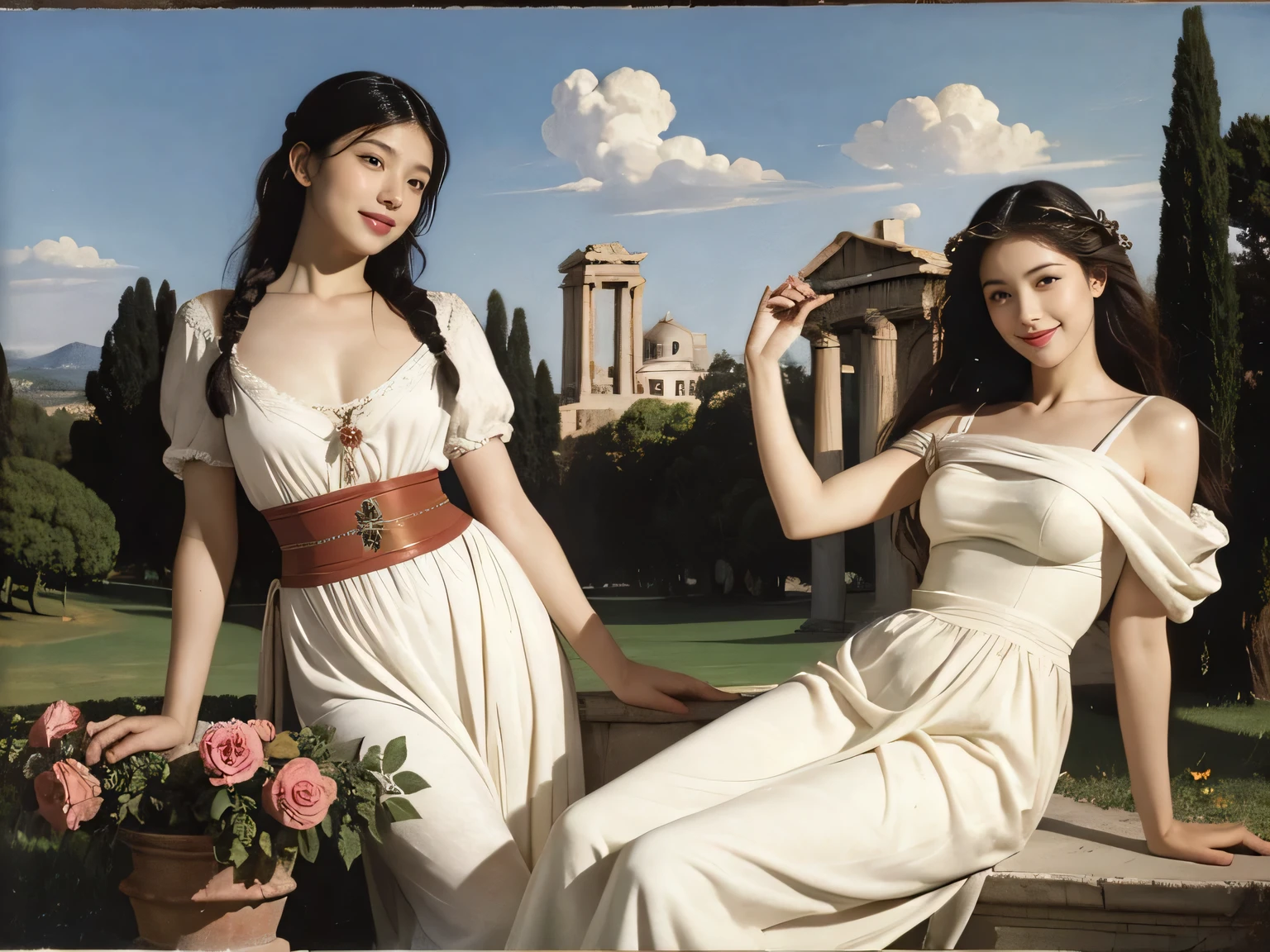 full body portrait or statue、Giorgione painting style,Arguments of two female Philosophe,math、astronomical machine、astronaut、roses in vase、fruits、Cute trinkets、smile、ancient greek costume、Ancient Roman landscape in the style of Nicolas Poussin,laughter,,Sweet and seductive appearance.、Caravaggio's paintings、Chiaroscuro of Caravaggio、hair tousled by the wind,Two women frolicking,cute smile, expression of ecstasy,Sexy,erotic