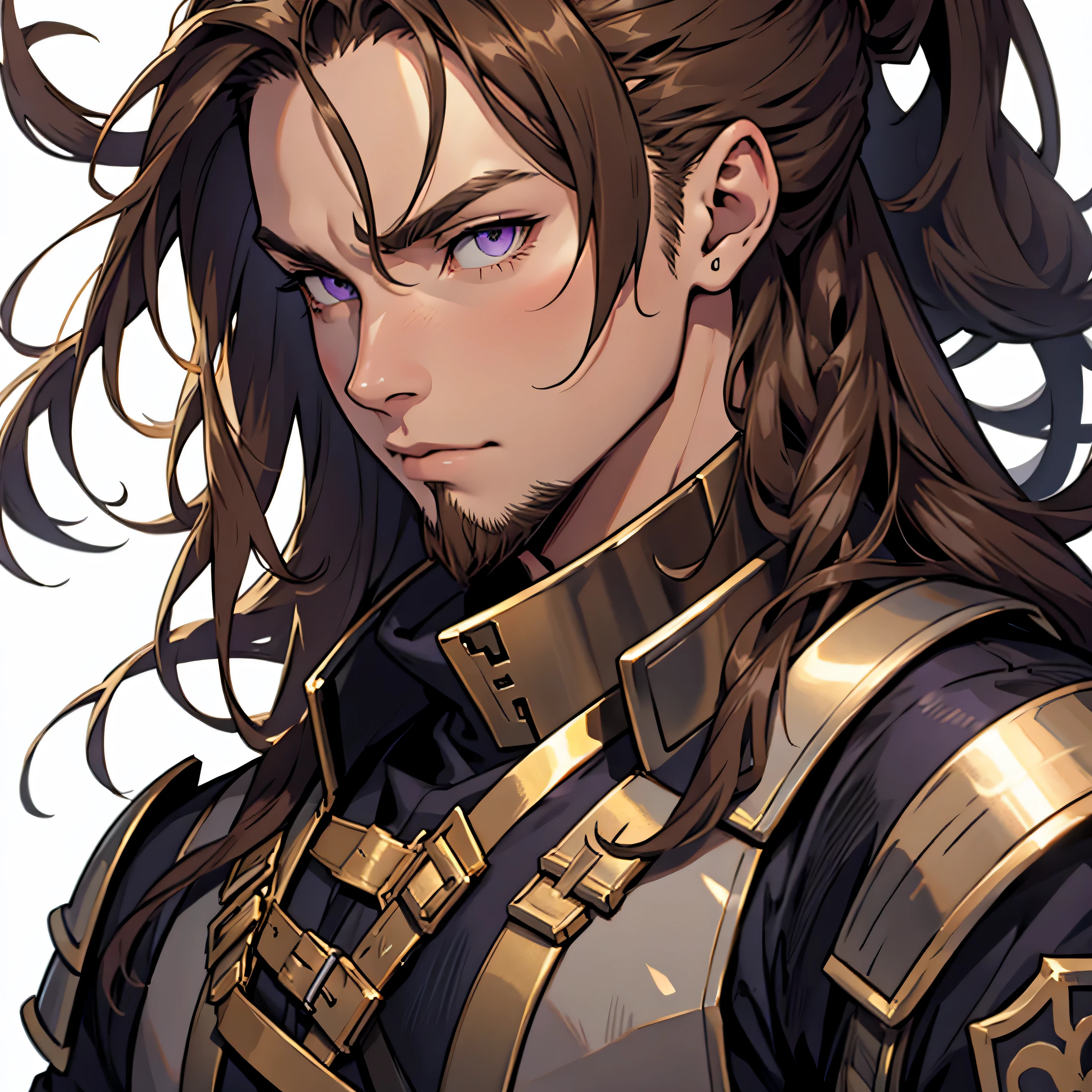 medieval anime art, masterpiece, best quality, smooth lines, male, solo, (((close-up face portrait))), detailed composition, detailed eyes, detailed hair, (((white background))), long brown hair and beard, purple eyes, (((wearing bronze armor))), masculine, ponytail