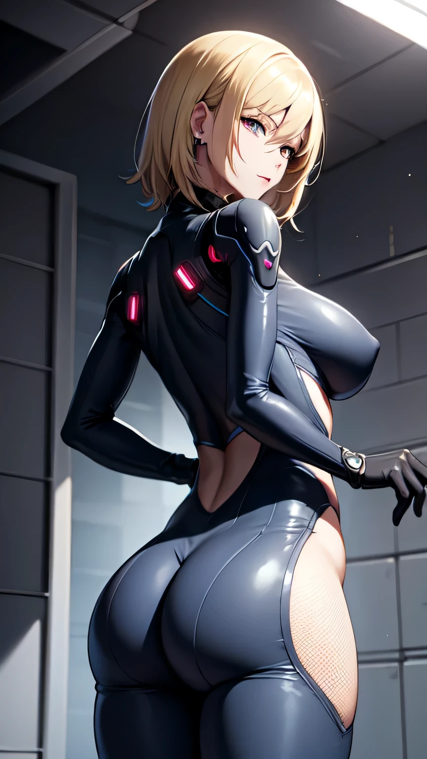 Milf, woman in a futuristic suit, highly detailed face, cool, mom, tomboy, very large breast, (Milf), mature face, (mature female), cybersuit, anime girl wearing tight suit, milfication, Elegant body, navel focus, naked body, gloves, earrings, science fiction, female protagonist, standing, volumetric light, detailed lighting, detailed textures, oppai cyberpunk, biomechanical oppai, masterpiece, best quality eyes, sci-fi background, futuristic landscape, low angle、smooth surface、((pointing your butt)), ((facing backwards)), ass
