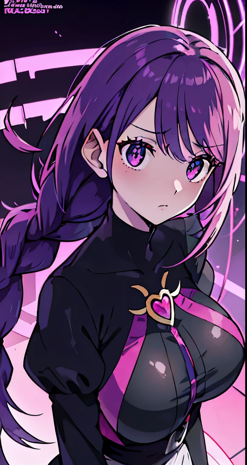 ((Beautiful Beautiful Girl)),(pink heart color eyes), 1  and slender woman, degree々big breasts, ((purple color hair)),((Braid Hair)),In 8K, top quality, (highly detailed head: 1.0), (very detailed face: 1.0), (highly detailed hair: 1.0),((black costume)),Detailed official artwork, clean detailed anime art,((ruins)),((troubled expression))