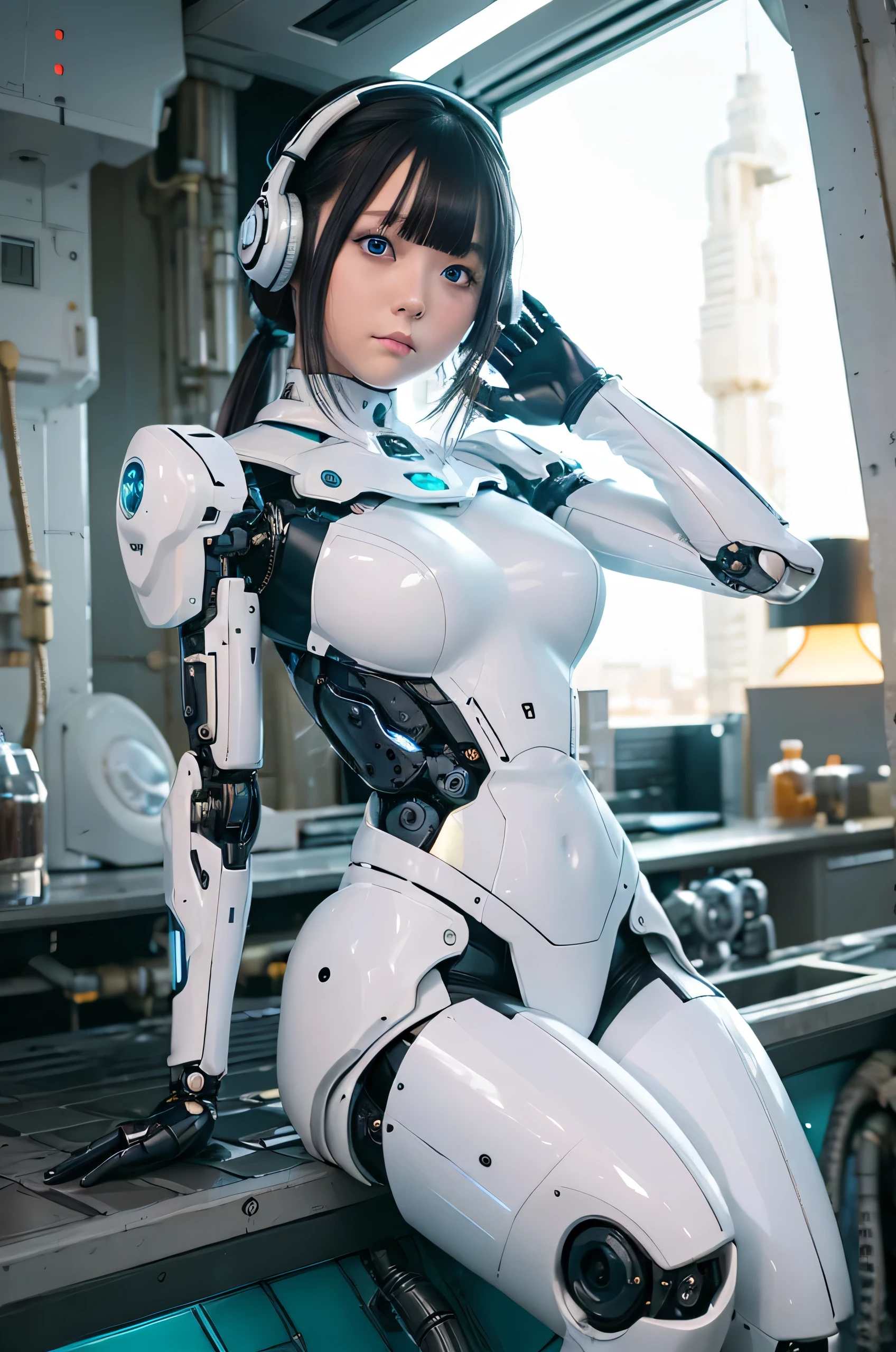 masterpiece, Best Quality, Extremely detailed, 8K Portrait,Japanese android girl,Plump,control panels,android,Droid,Mechanical Hand, ,Robot arms and legs, Black hair,Mechanical body,Blunt bangs,Charging spot,mechanical ear covers,android,robot humanoid,White robot body,mechanical ear covers,White and aqua uniform,aqua accent costume,mittens,blue eyes