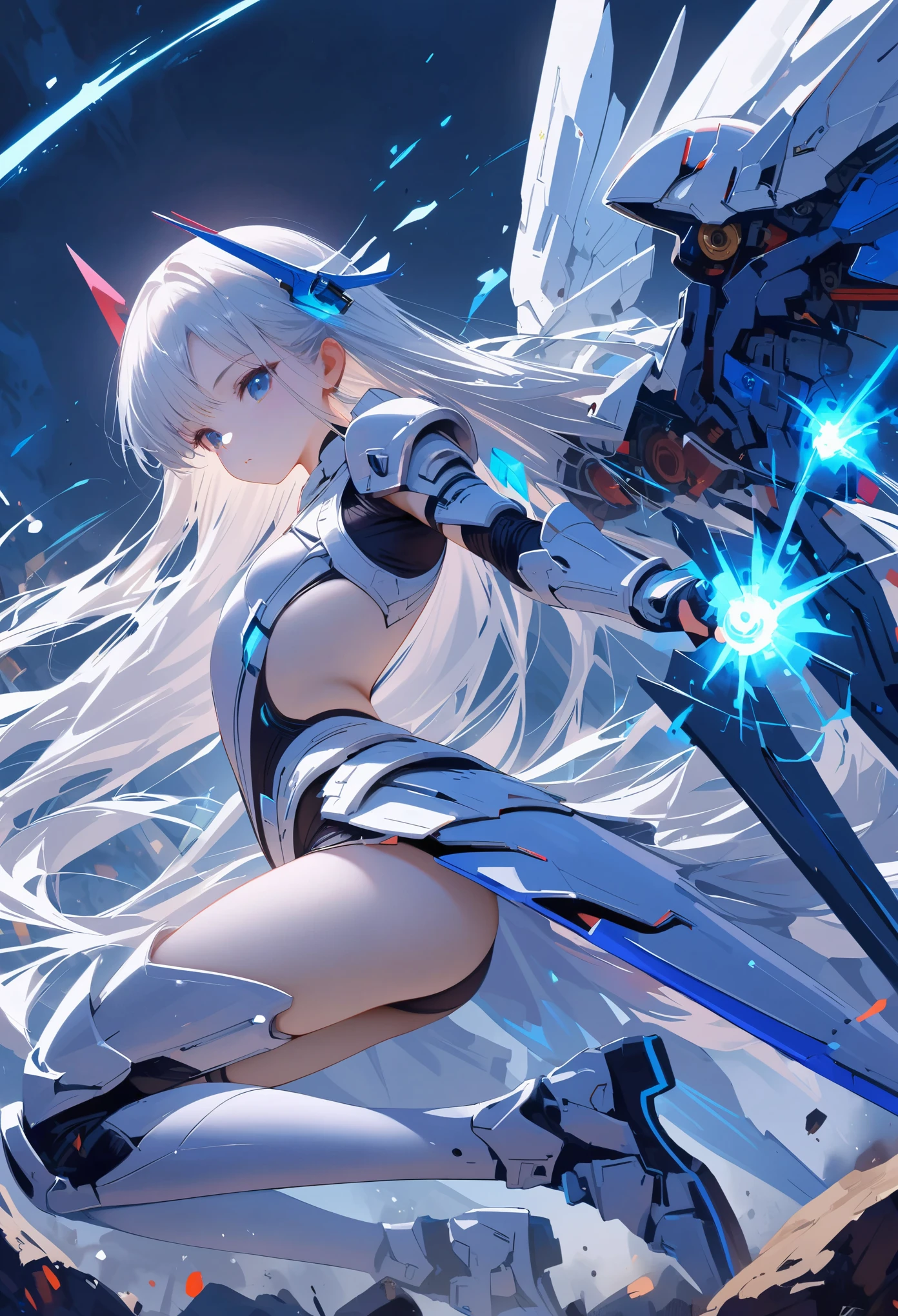 masterpiece, best quality, rich and colorful, Cowboy shooting, (pale skin:1.2), flat chest, Mecha, armor, girl,Mechanical_Body, high resolution, white hair, Very long hair, ahog, , alone, blue eyes, white coat, Soft fabric waist extension, blue energy, destroy, quantum energy, Mechanical wings