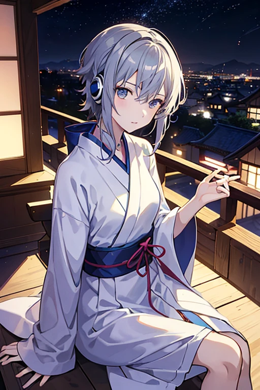(​masterpiece)、(top-quality)、girl with、Listening to music on the veranda of the apartment Night sky outside Japan、Sateen、Anime cartoon style、 By Shinkai Makoto　silver gradiient hair ,　