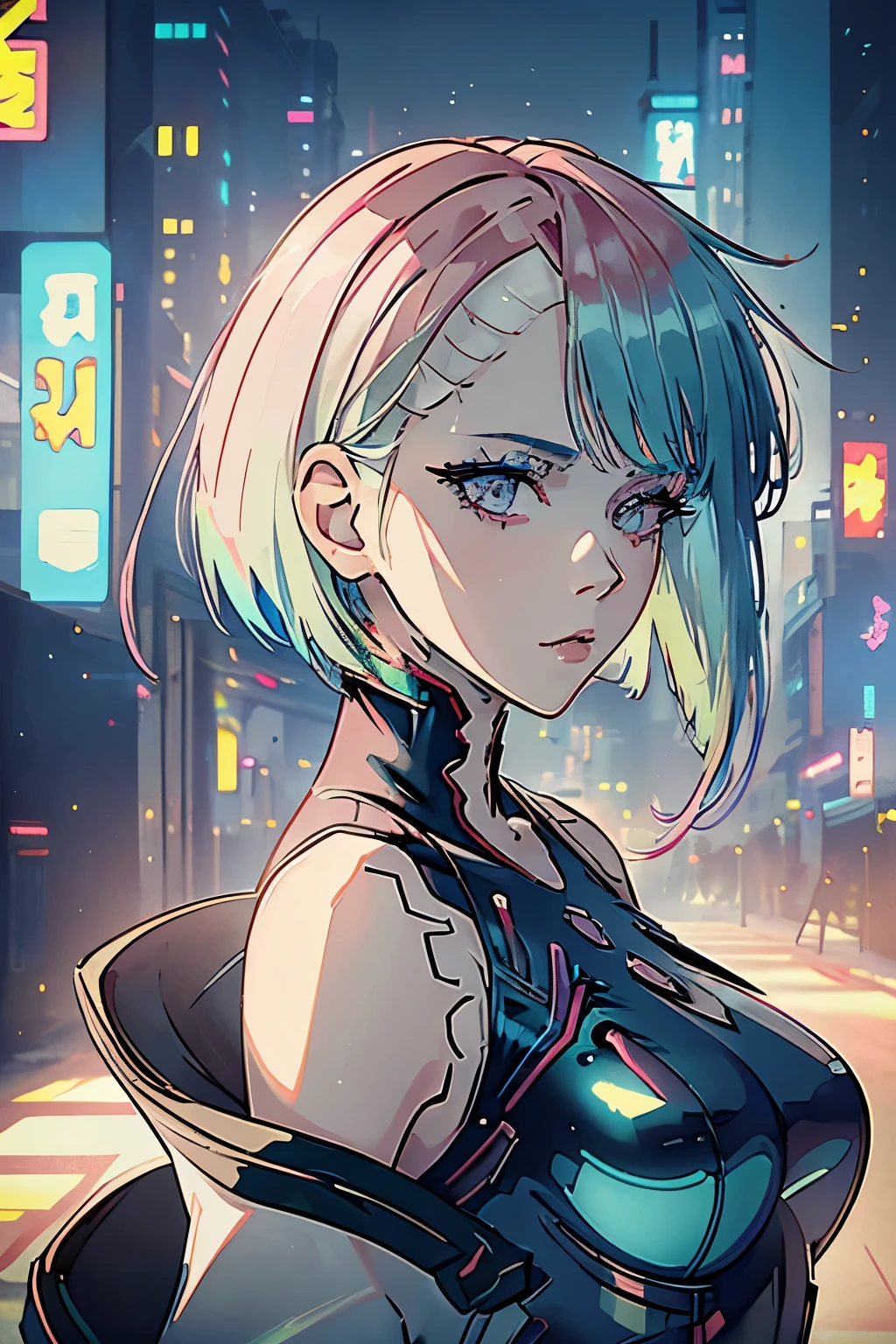 1girl, solo, lucy \(cyberpunk\), cyberpunk \(series\), asymmetrical hair, short hair, blue hair, green hair, pink hair, multicolored hair, blue eyes, eyeliner, eyeshadow, makeup, bare shoulders, portrait, looking at viewer, cyberpunk, hlpr, futuristic, hologram, glitch, holographic face, ui, interface, nodes, particles, depth of field, bokeh, masterpiece, best quality, very aesthetic, absurdres, 