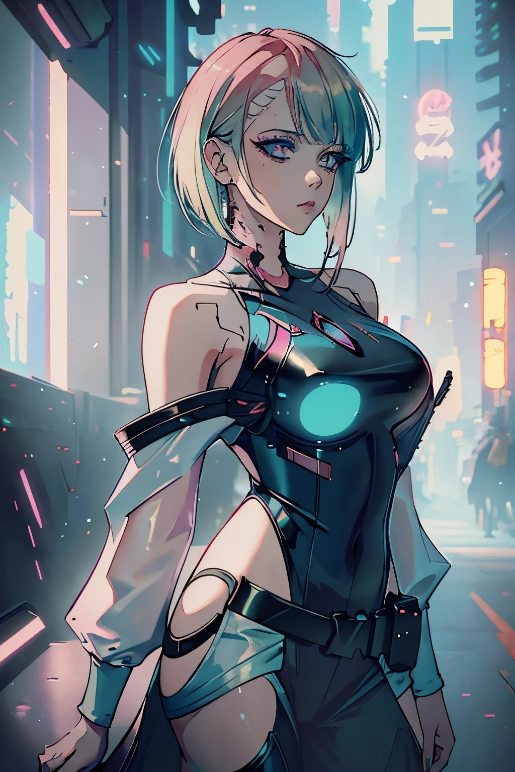 1girl, solo, lucy \(cyberpunk\), cyberpunk \(series\), asymmetrical hair, short hair, blue hair, green hair, pink hair, multicolored hair, blue eyes, eyeliner, eyeshadow, makeup, bare shoulders, portrait, looking at viewer, cyberpunk, hlpr, futuristic, hologram, glitch, holographic face, ui, interface, nodes, particles, depth of field, bokeh, masterpiece, best quality, very aesthetic, absurdres, 