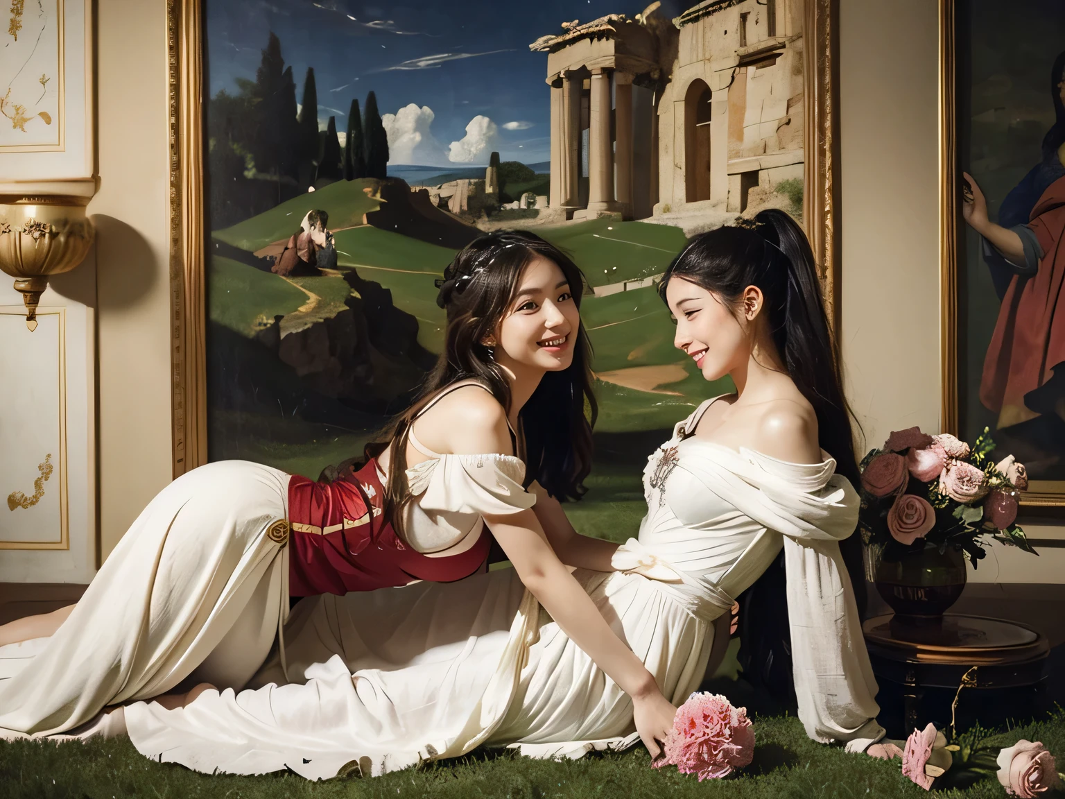 full body portrait or statue、Giorgione painting style,Arguments of two female Philosophe,math、astronomical machine、astronaut、roses in vase、fruits、Cute trinkets、smile、ancient greek costume、Ancient Roman landscape in the style of Nicolas Poussin,laughter,,Sweet and seductive appearance.、Caravaggio's paintings、Chiaroscuro of Caravaggio、hair tousled by the wind,Two women frolicking,cute smile, expression of ecstasy,Sexy,erotic