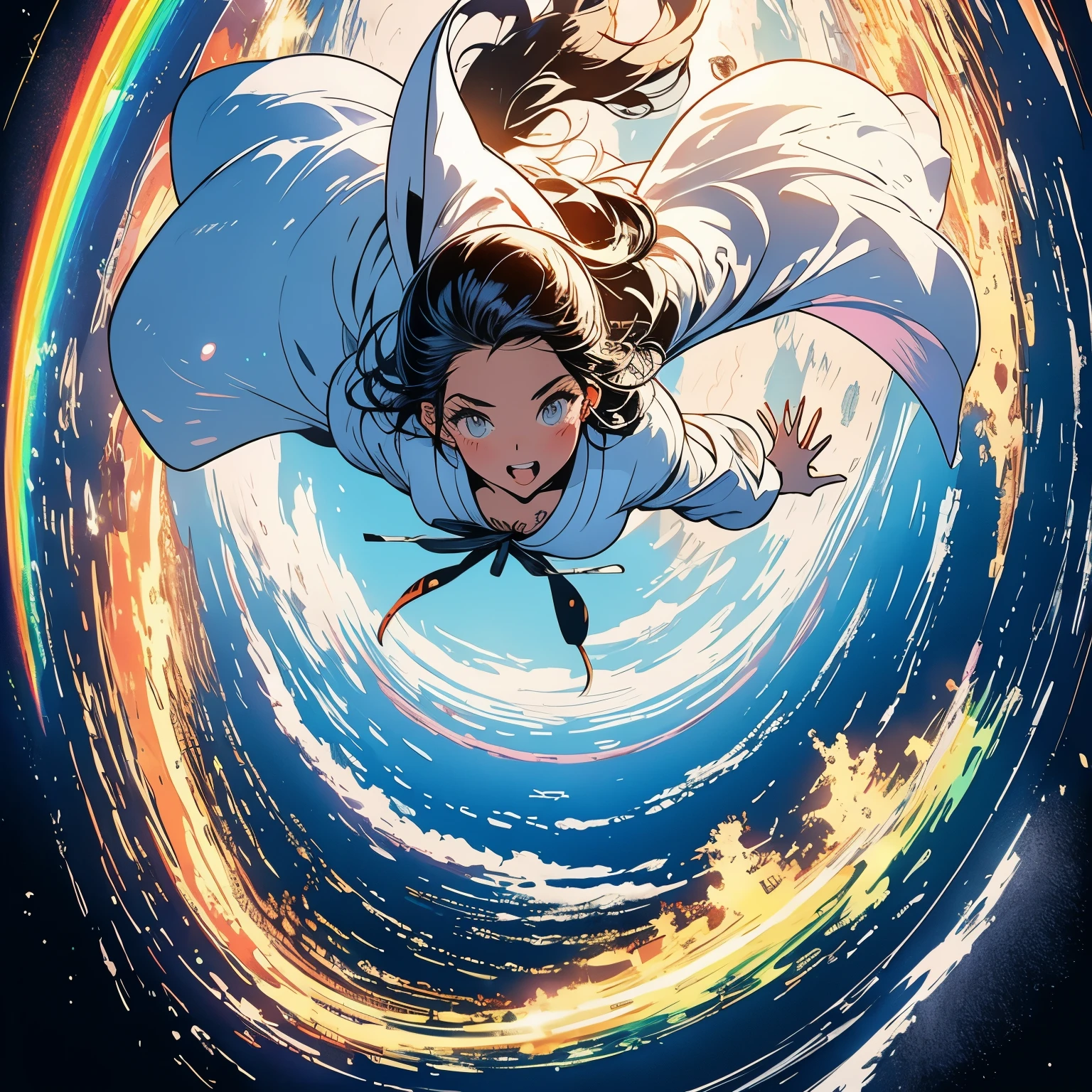 (masterpiece, highest quality), 32k,(A very detailed beautiful woman), poster,science fiction,1960s,1970s,bauhaus, shape, OK, abstract, propaganda,movie poster, vintage,retro,futuristic,anime,ultimate map,Perfect rainbow,highlight,angle from below, awesome style, big tits,tattoo,An angel falling from the sky, Mt. Fuji on the ground, 3000 meters above the ground,and the scene has a Japanese style.surprised face, clear face,Angel wings, whole body, falling head over heels, love face